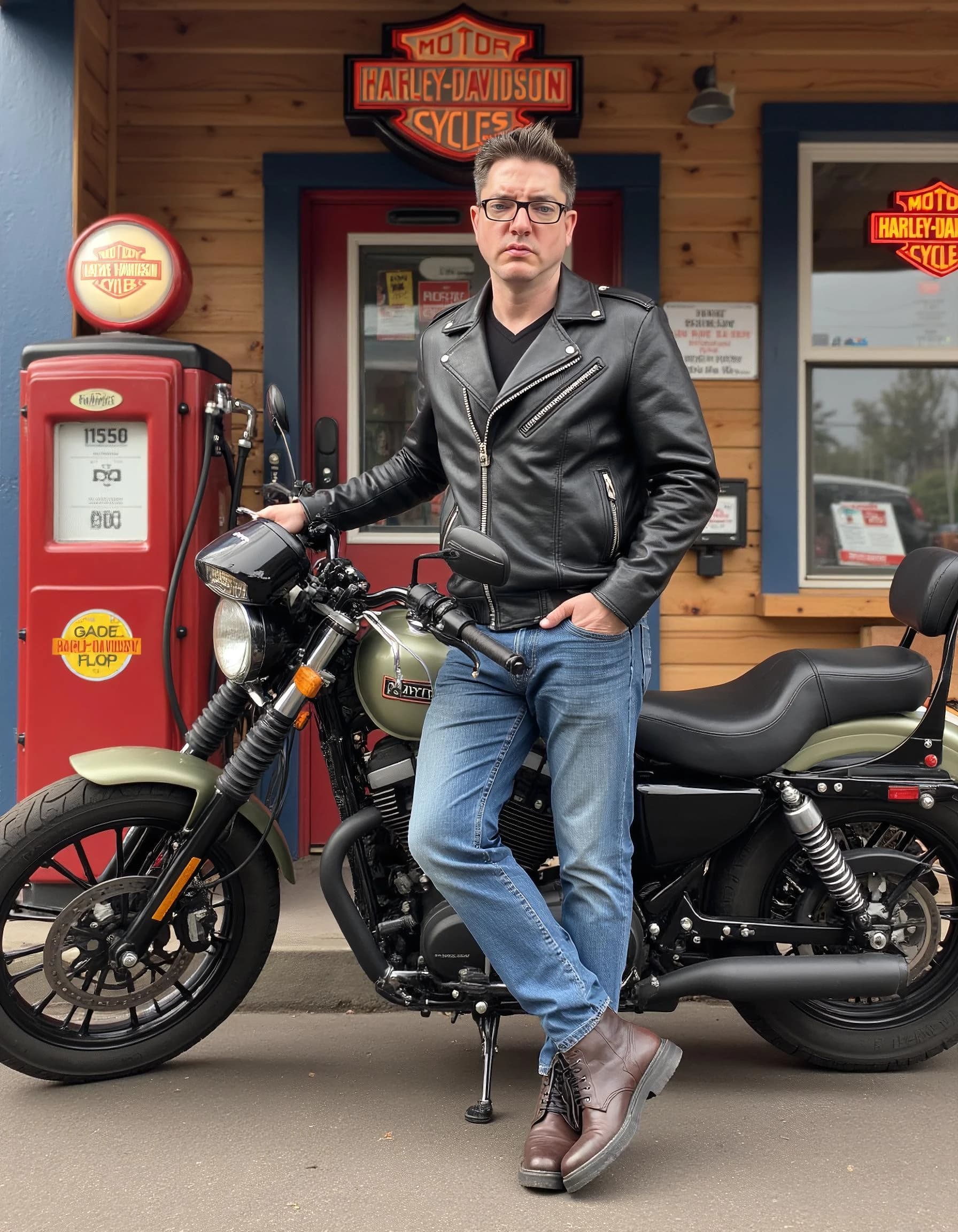 Professional headshot example: Man Motorcycle Shop Leather Jacket Standing — LinkedInHeadshots.ai