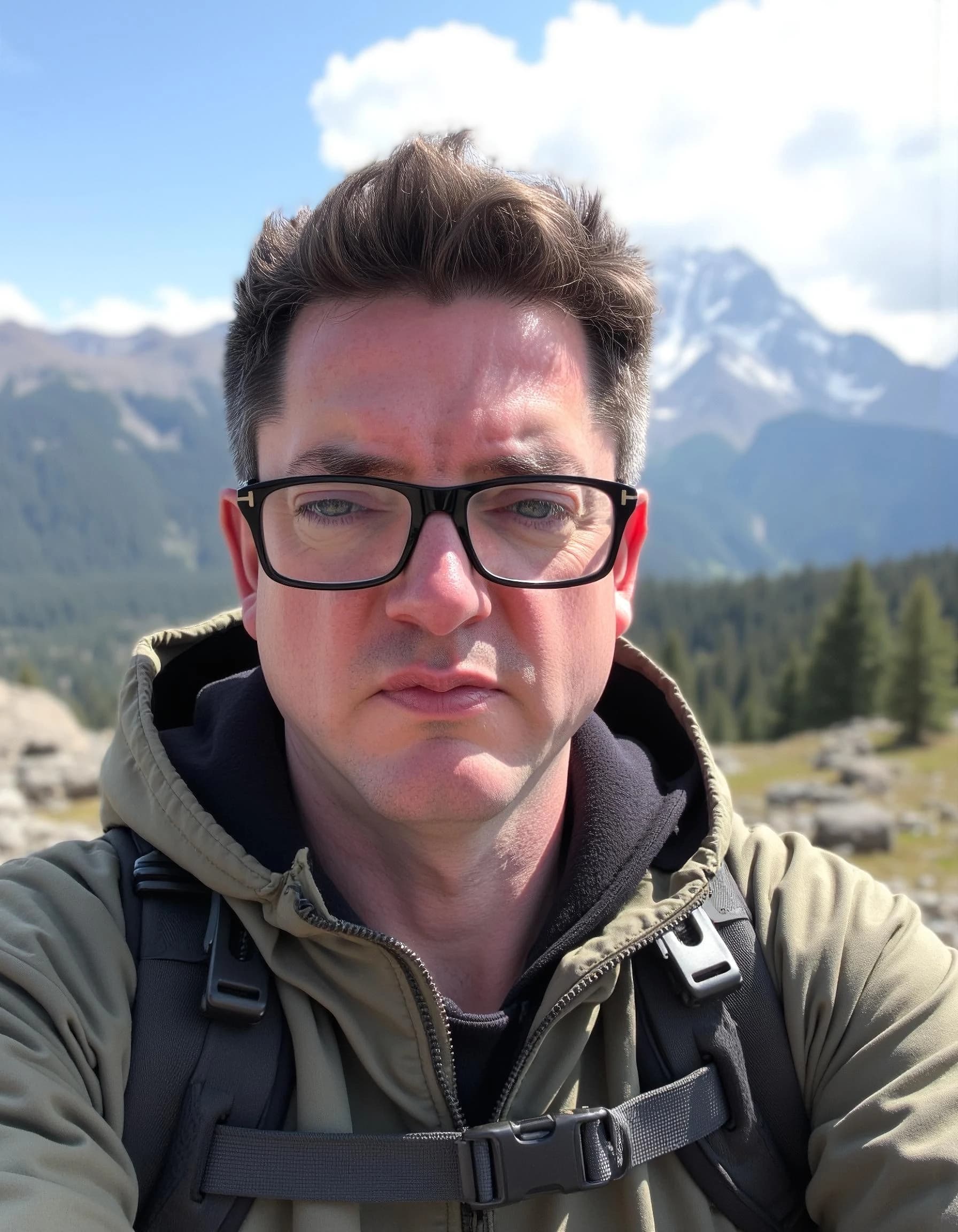 Professional headshot example: Man Mountains Jacket Glasses Selfie — LinkedInHeadshots.ai