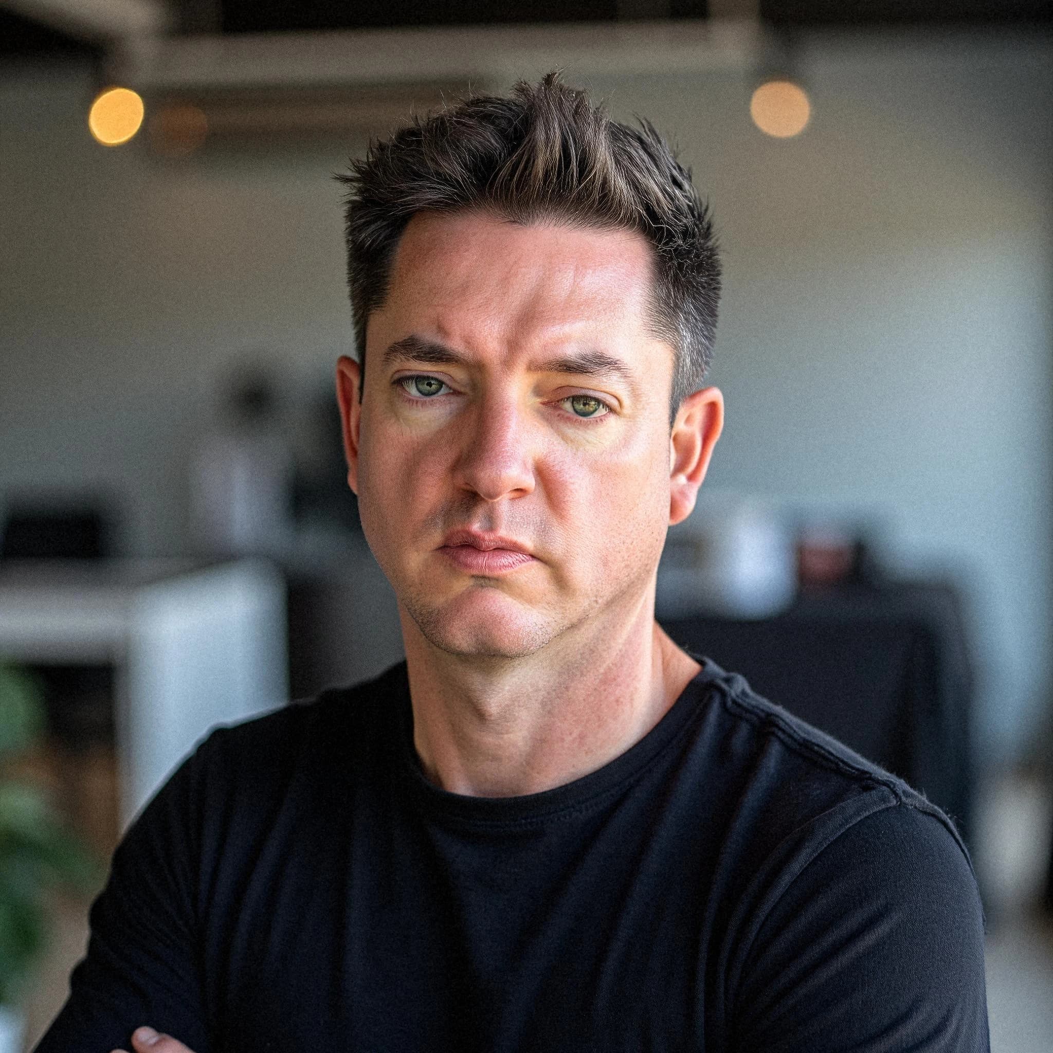 Professional headshot example: Man Office Black Shirt Arms Crossed — LinkedInHeadshots.ai