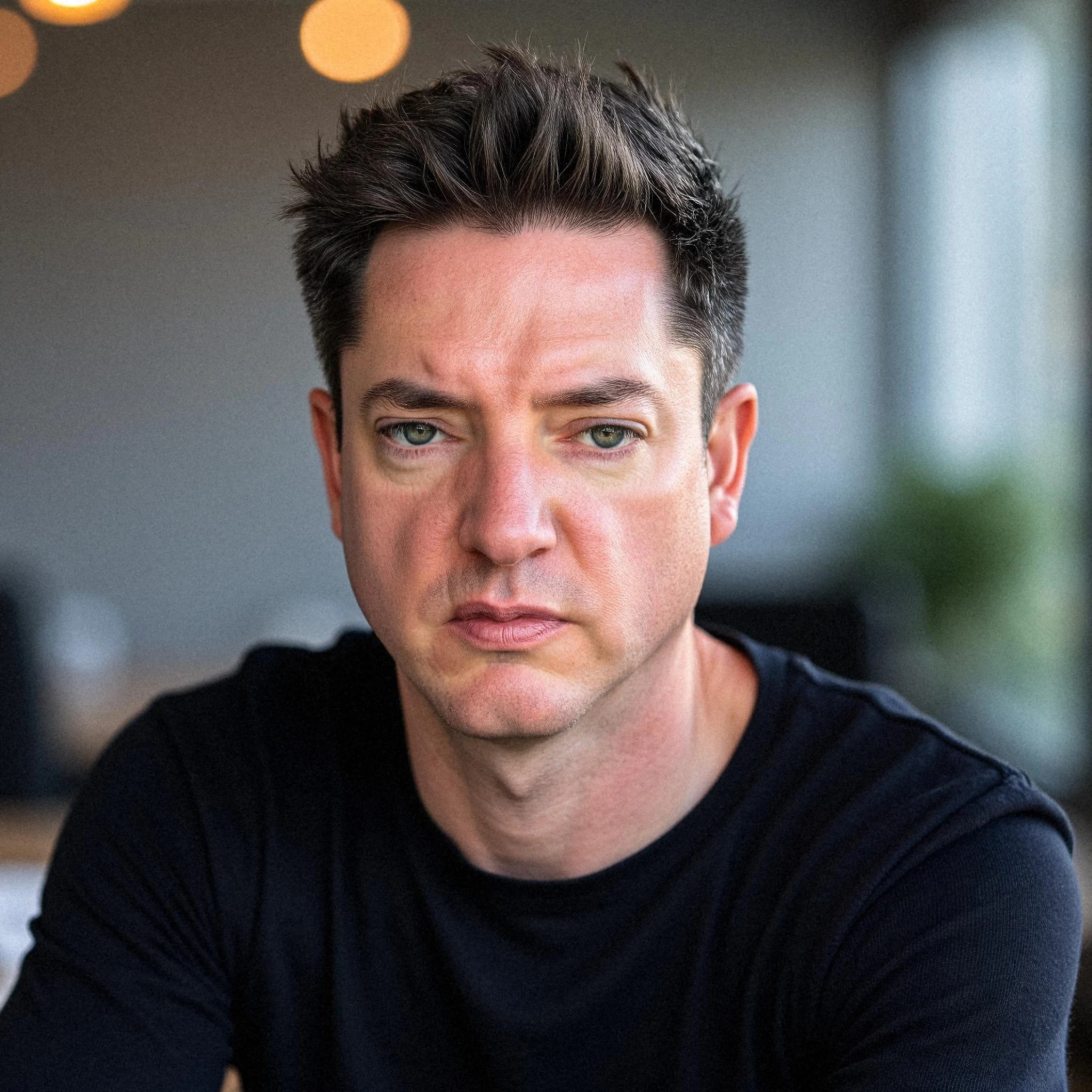 Professional headshot example: Man Office Black Shirt Sitting 2 — LinkedInHeadshots.ai