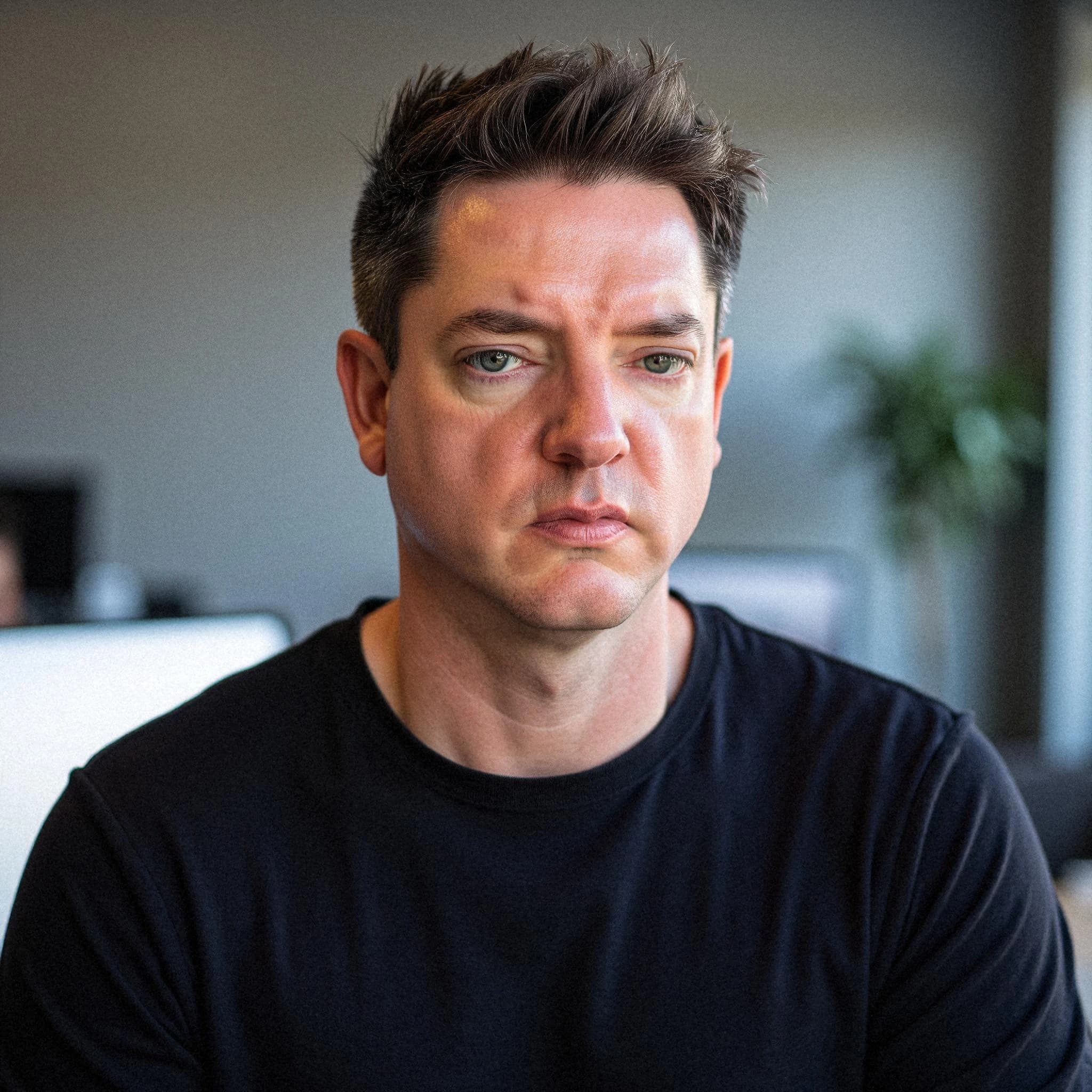 Professional headshot example: Man Office Black Shirt Sitting 5 — LinkedInHeadshots.ai