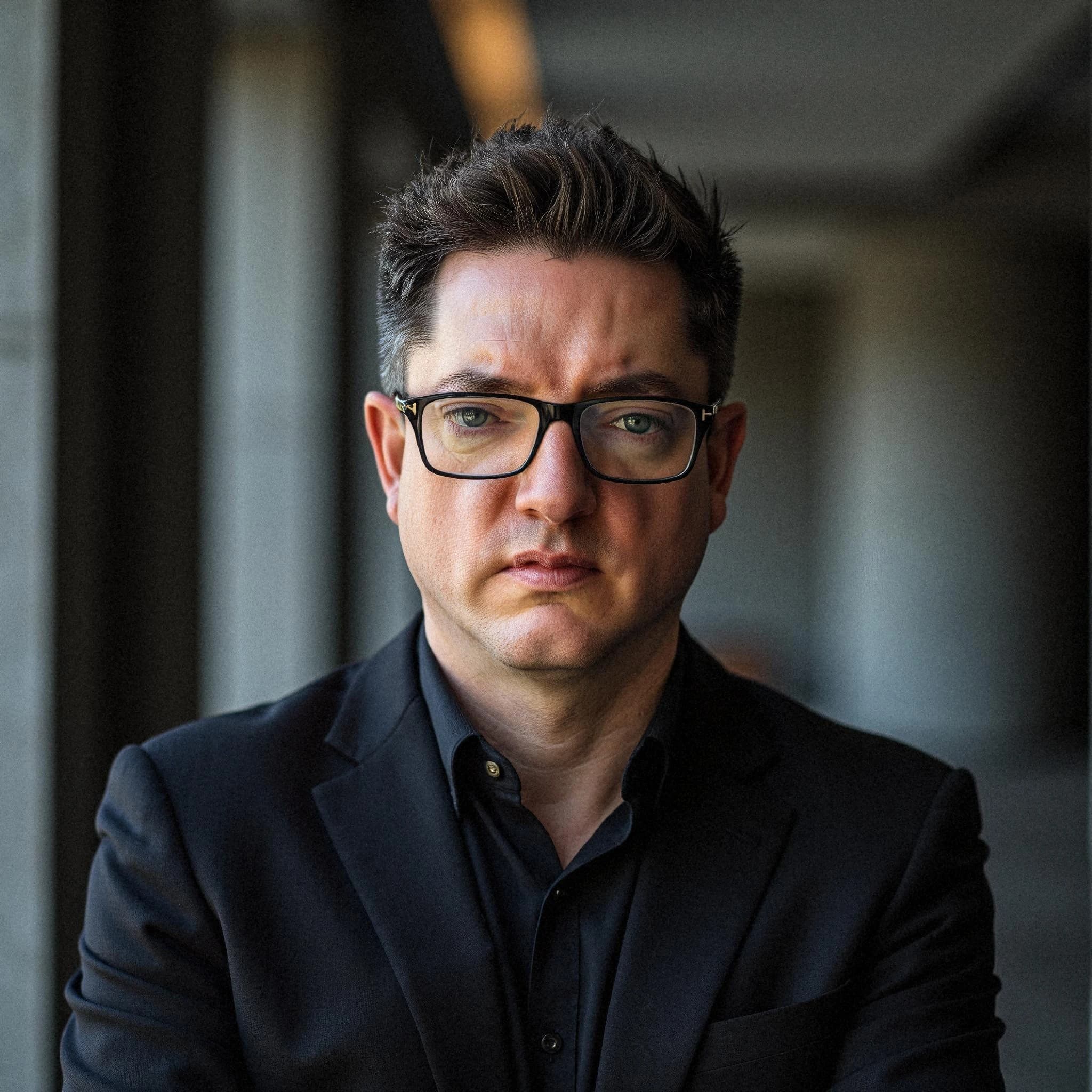 Professional headshot example: Man Office Black Suit Serious — LinkedInHeadshots.ai