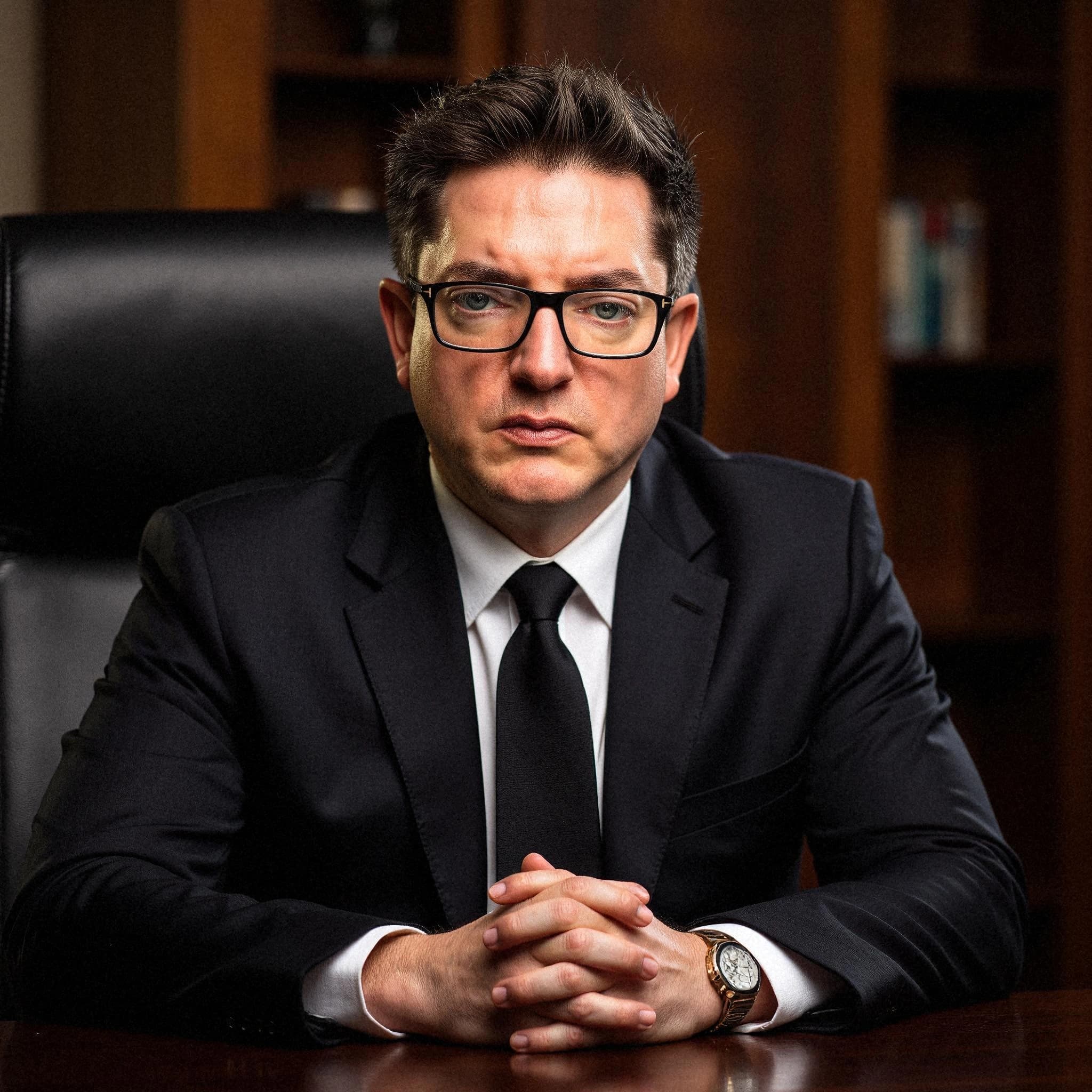 Professional headshot example: Man Office Black Suit Sitting — LinkedInHeadshots.ai