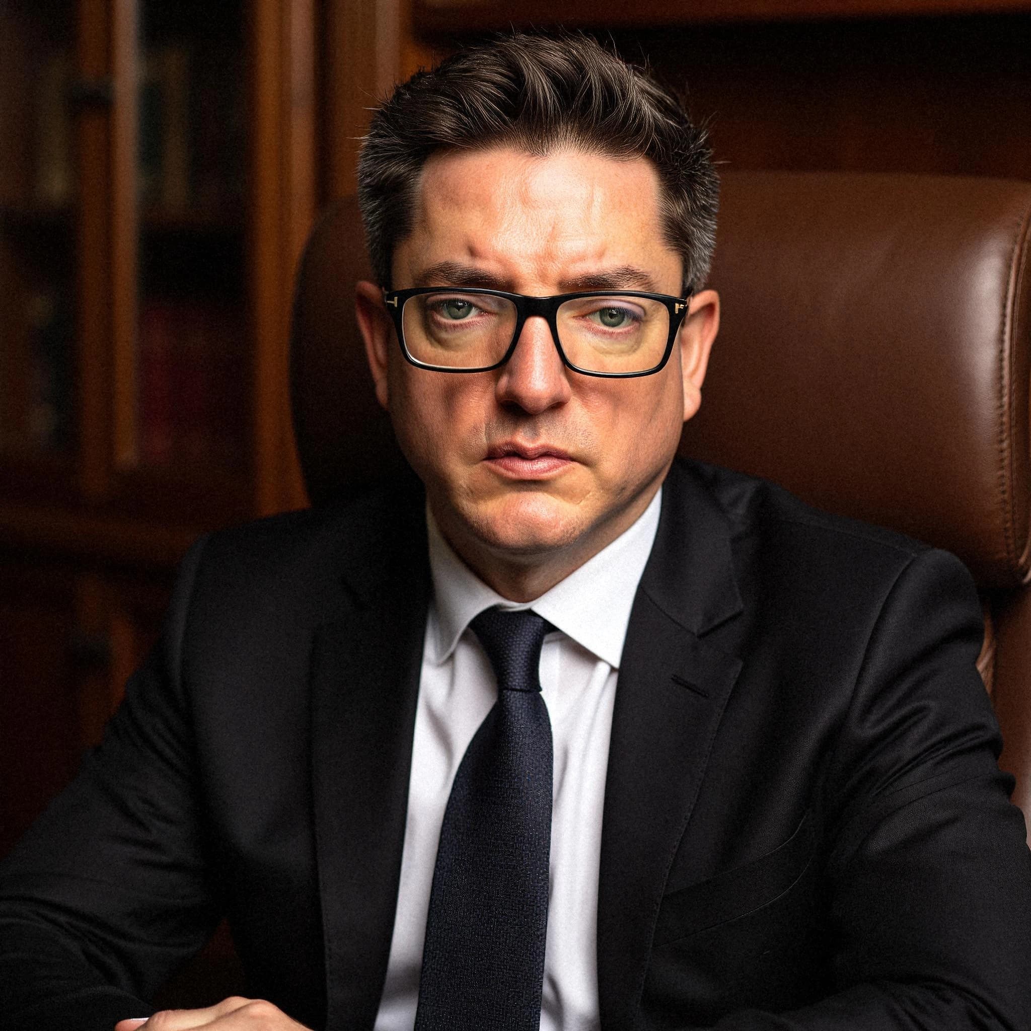 Professional headshot example: Man Office Black Suit Sitting 2 — LinkedInHeadshots.ai