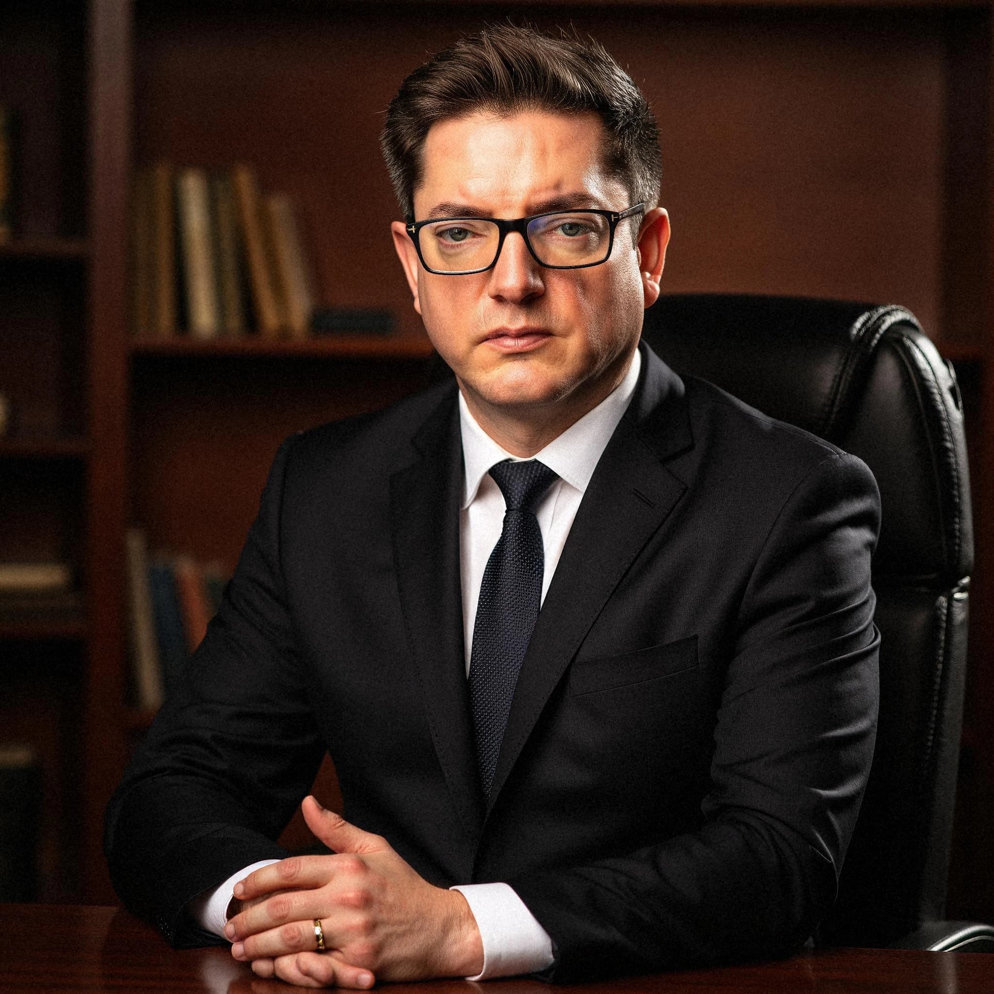 Professional headshot example: Man Office Black Suit Sitting 3 — LinkedInHeadshots.ai