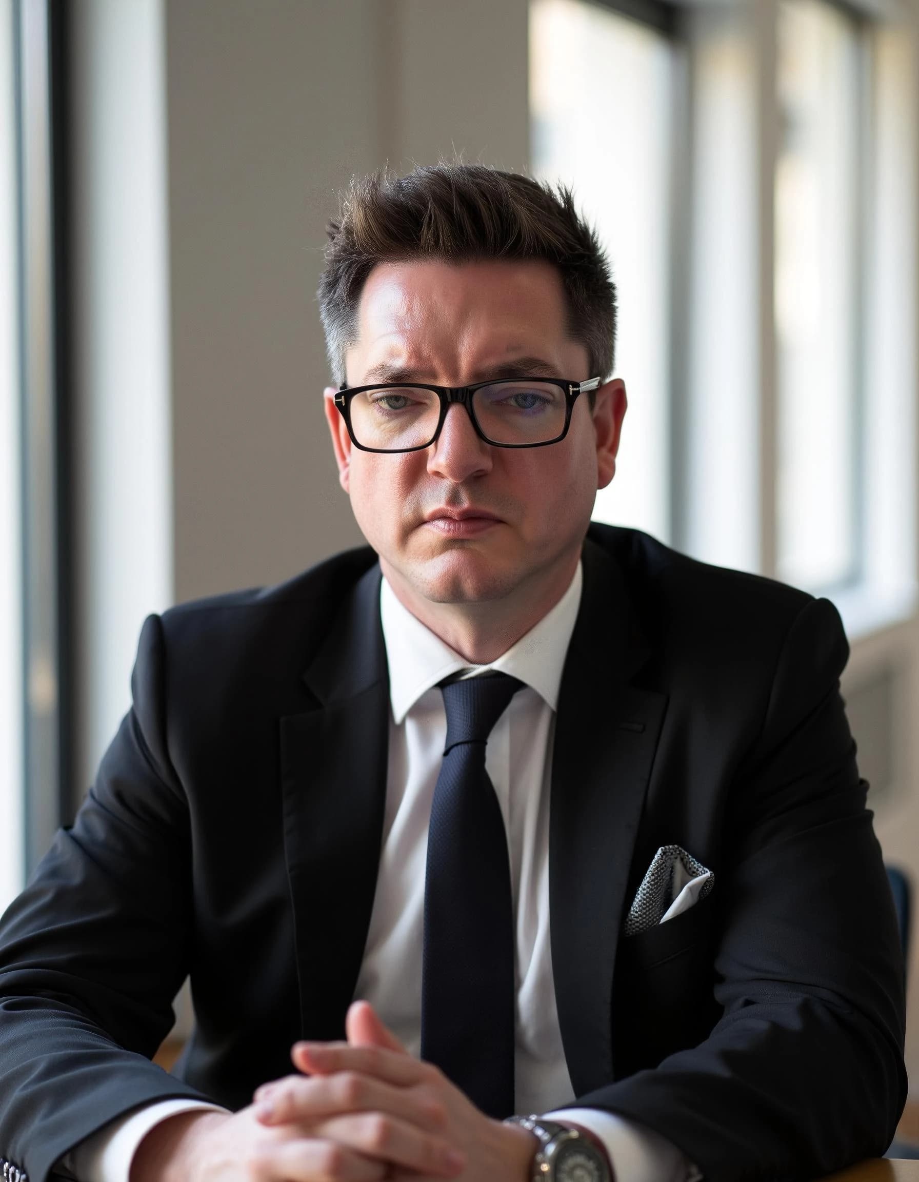 Professional headshot example: Man Office Black Suit Sitting 4 — LinkedInHeadshots.ai