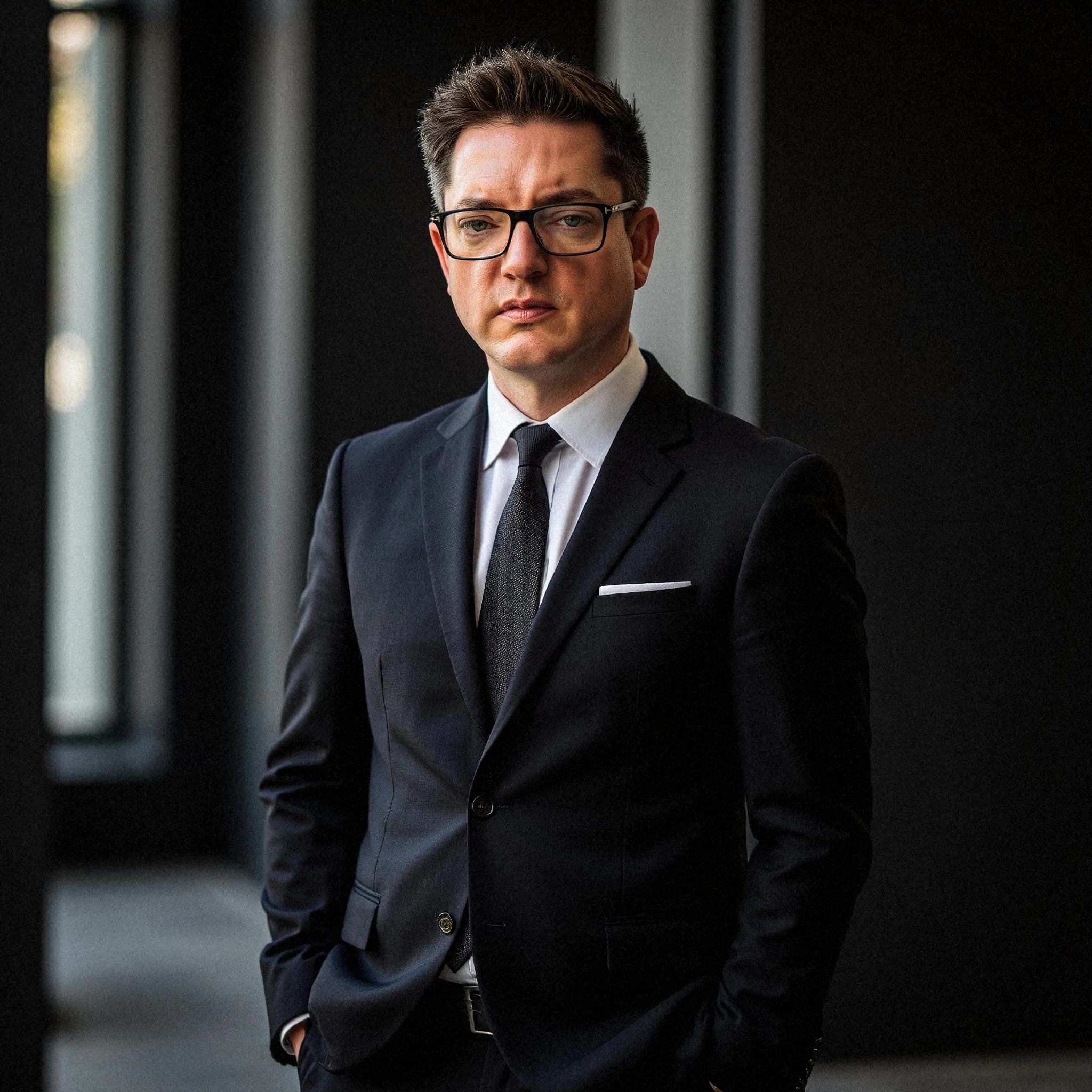 Professional headshot example: Man Office Black Suit Standing — LinkedInHeadshots.ai