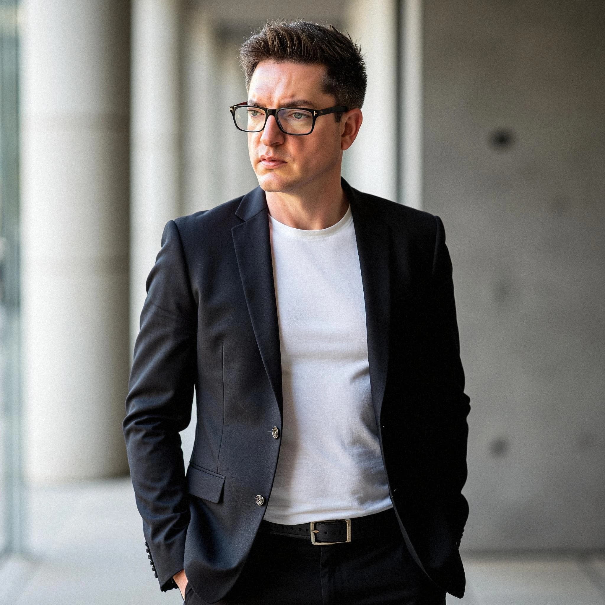 Professional headshot example: Man Office Black Suit Standing 2 — LinkedInHeadshots.ai