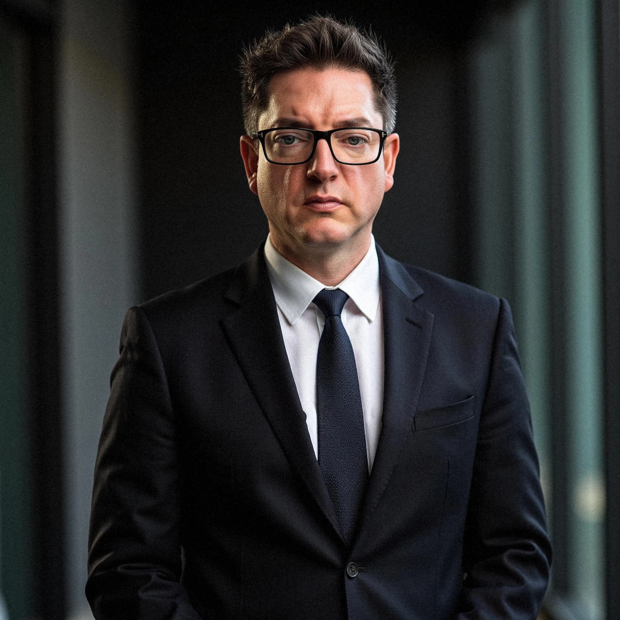 Professional headshot example: Man Office Black Suit Standing 3 — LinkedInHeadshots.ai