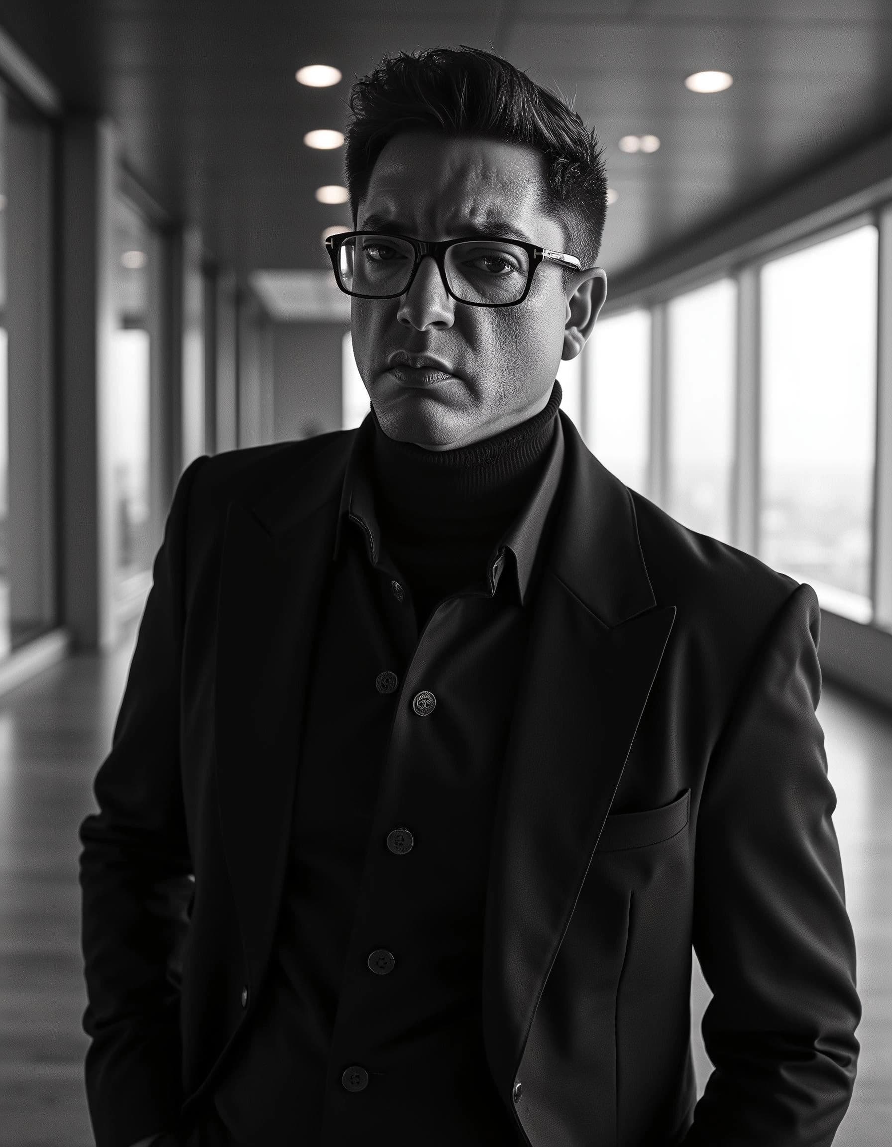 Professional headshot example: Man Office Black Suit Standing 4 — LinkedInHeadshots.ai