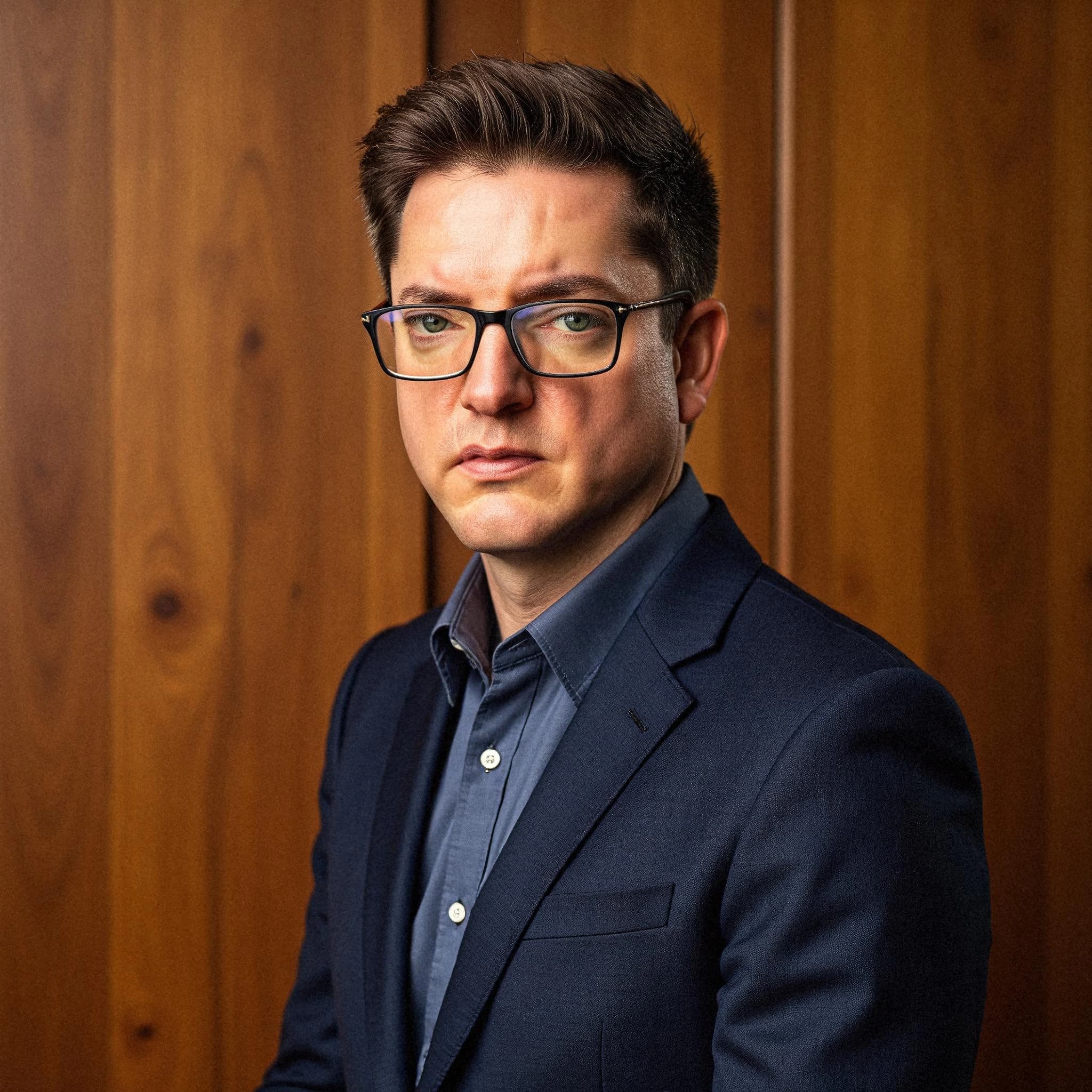 Professional headshot example: Man Office Blue Suit Sitting — LinkedInHeadshots.ai