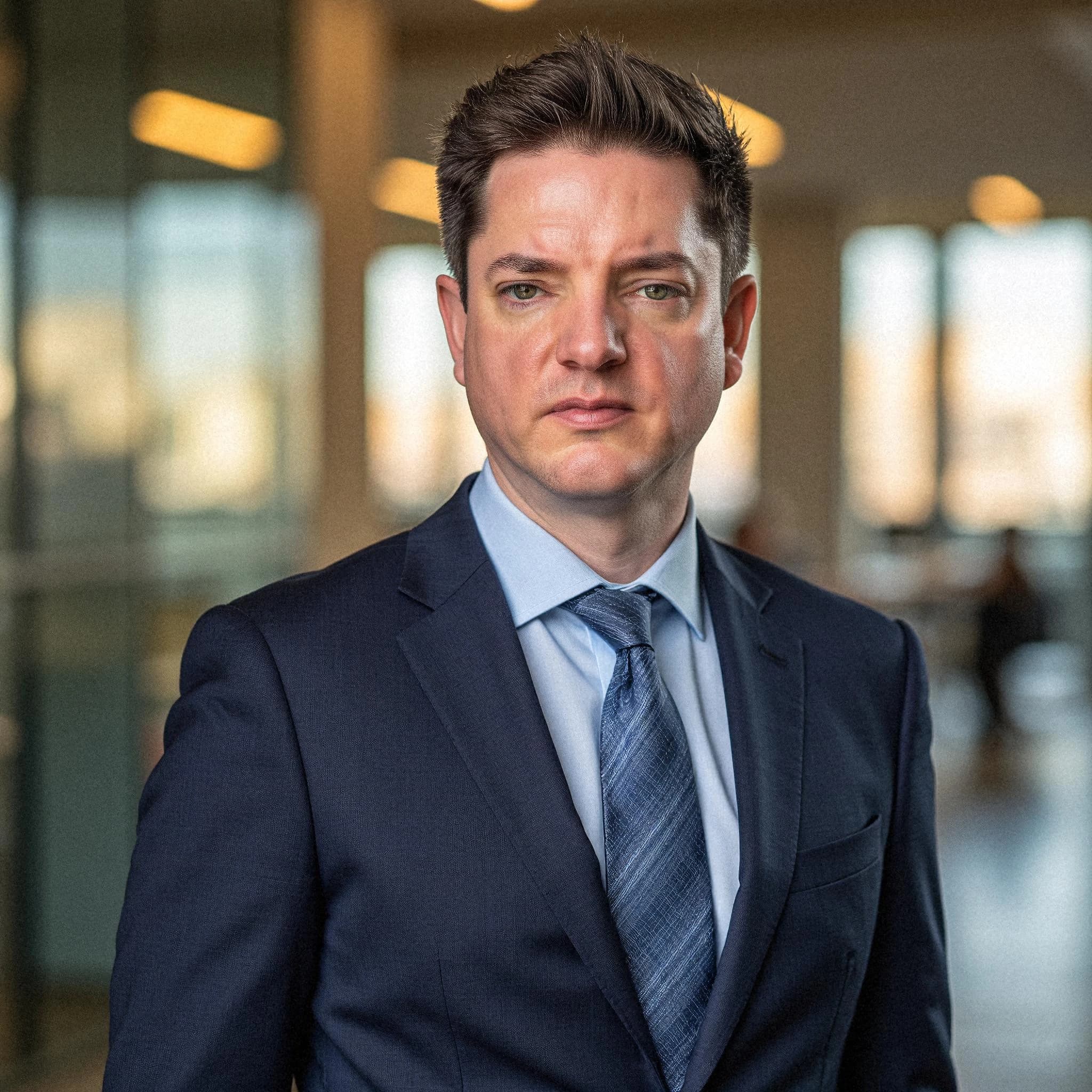 Professional headshot example: Man Office Blue Suit Standing — LinkedInHeadshots.ai