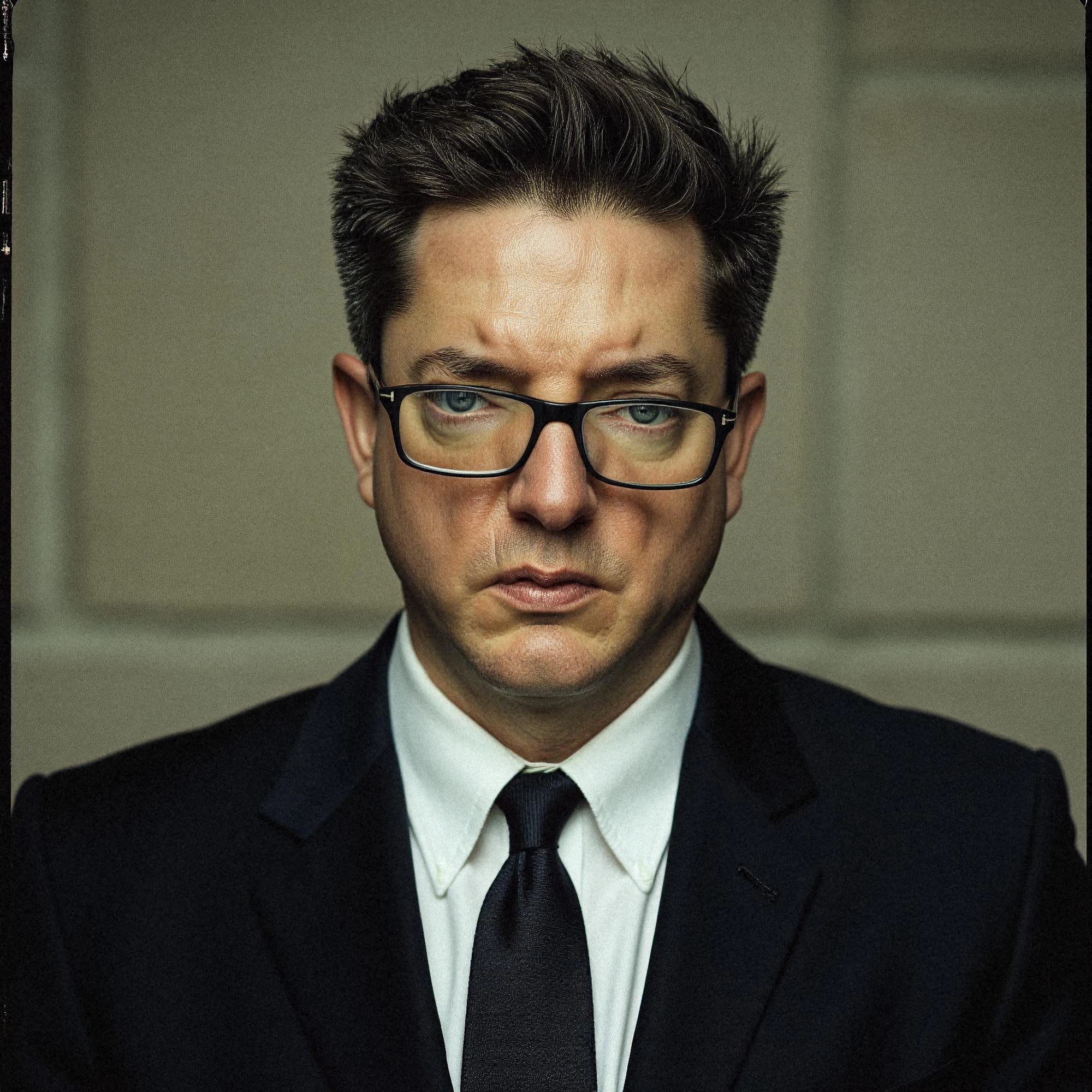 Professional headshot example: Man Office Suit Glasses Serious — LinkedInHeadshots.ai