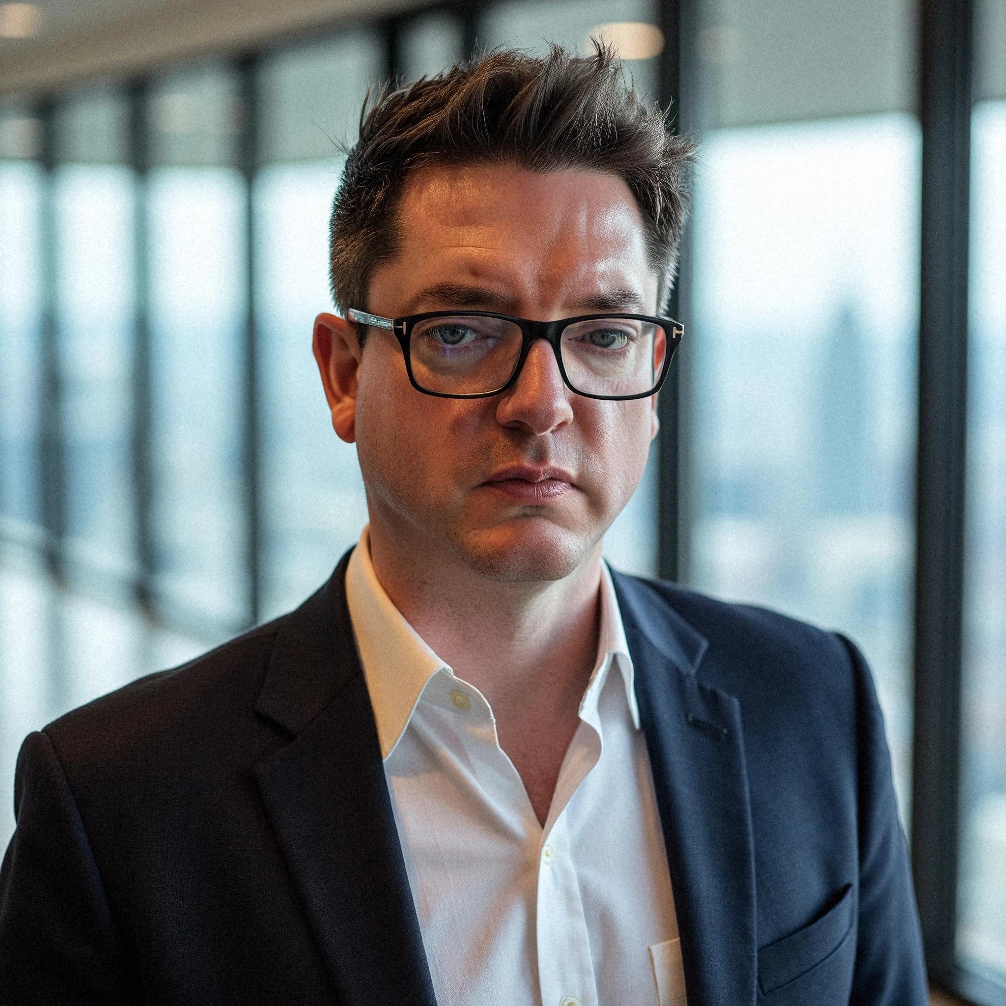 Professional headshot example: Man Office Suit Glasses Serious 10 — LinkedInHeadshots.ai