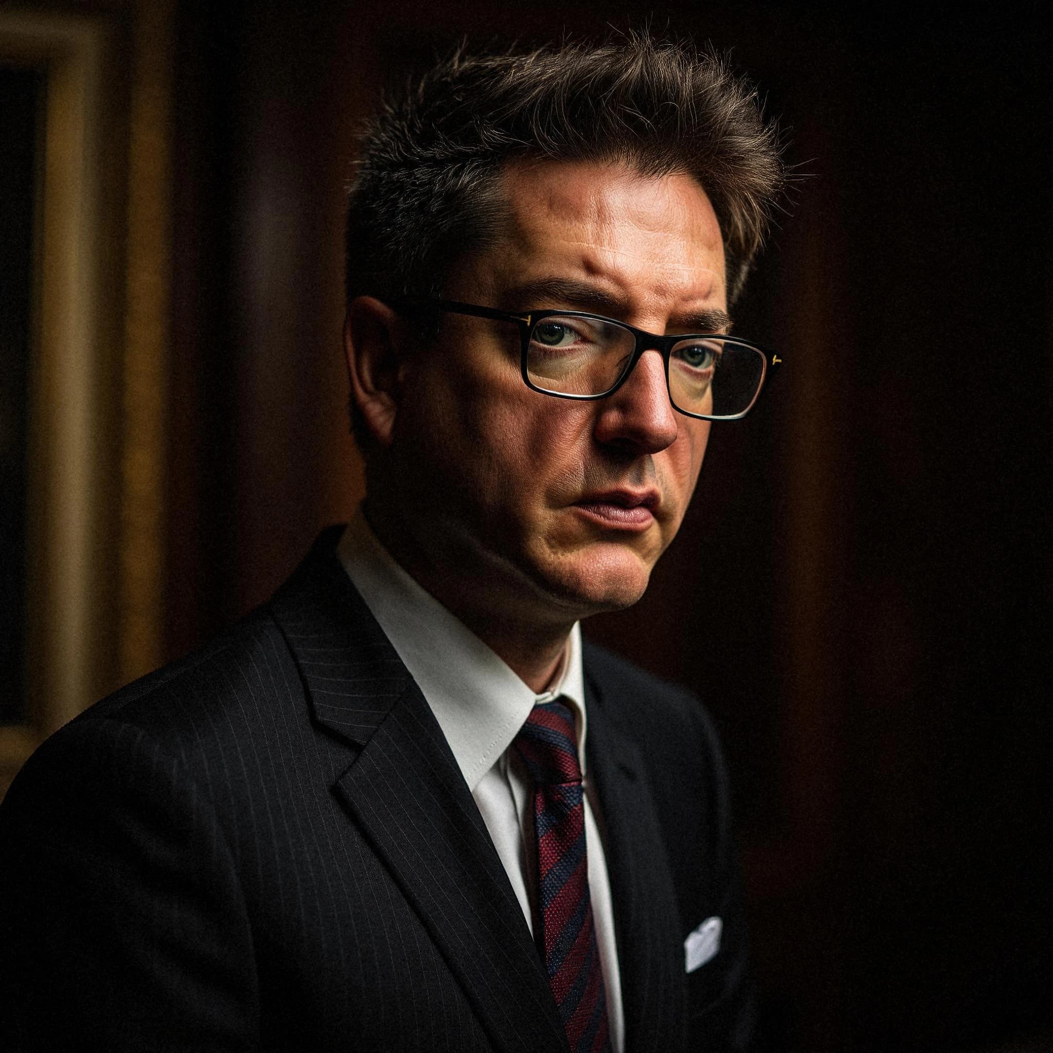 Professional headshot example: Man Office Suit Glasses Serious 2 — LinkedInHeadshots.ai