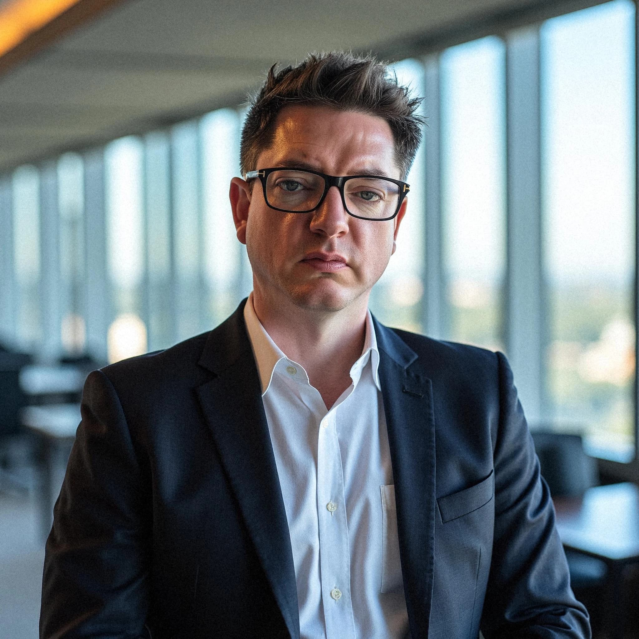 Professional headshot example: Man Office Suit Glasses Serious 3 — LinkedInHeadshots.ai
