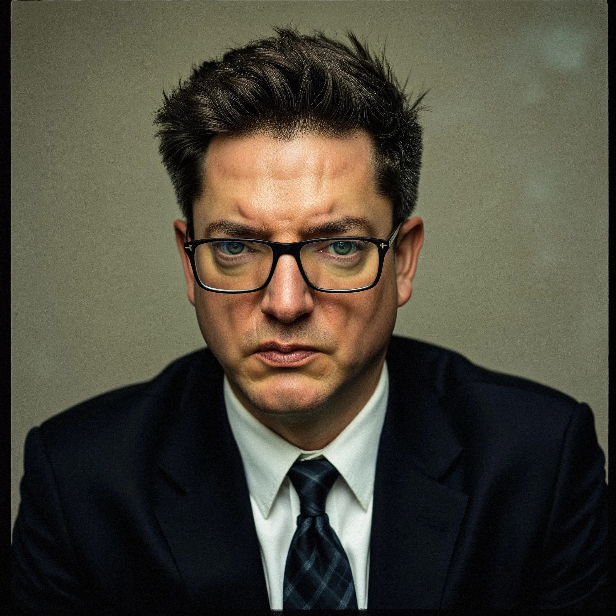 Professional headshot example: Man Office Suit Glasses Serious 4 — LinkedInHeadshots.ai
