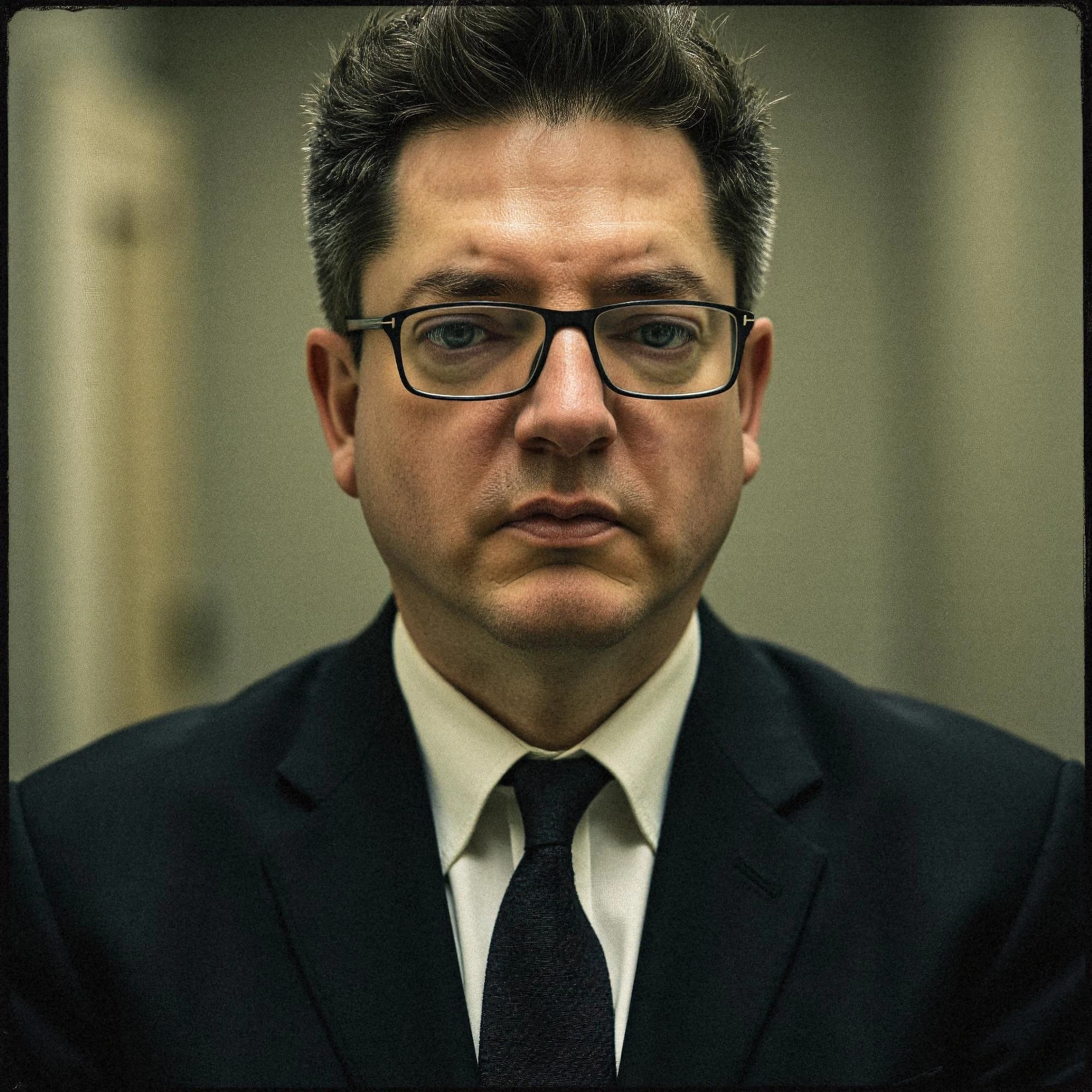 Professional headshot example: Man Office Suit Glasses Serious 8 — LinkedInHeadshots.ai