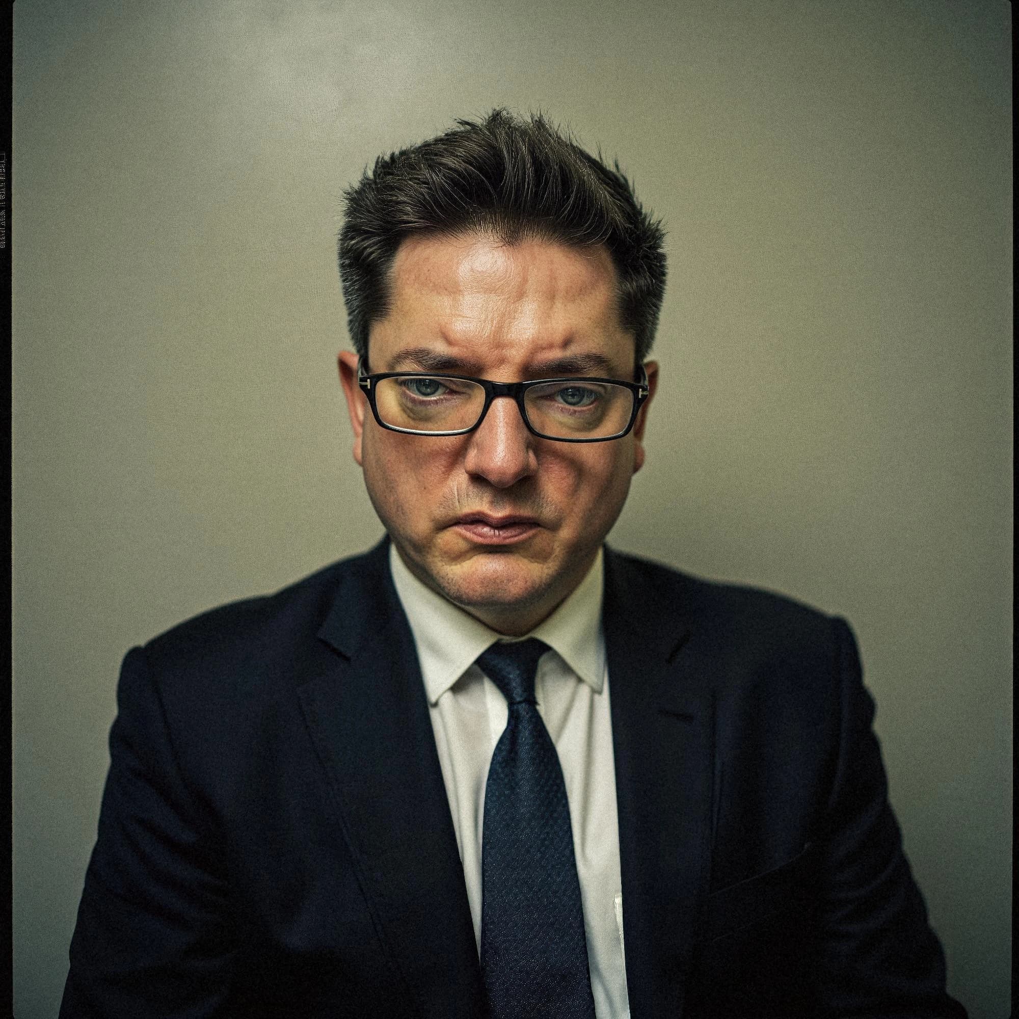 Professional headshot example: Man Office Suit Glasses Sitting — LinkedInHeadshots.ai