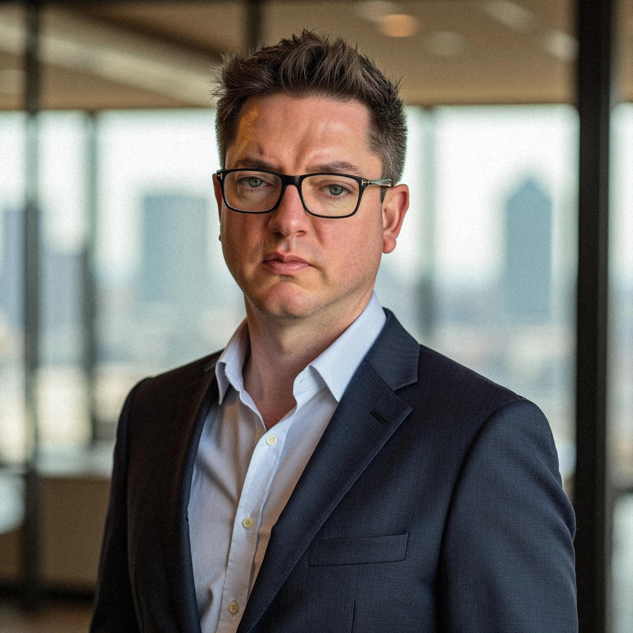 Professional headshot example: Man Office Suit Glasses Standing — LinkedInHeadshots.ai