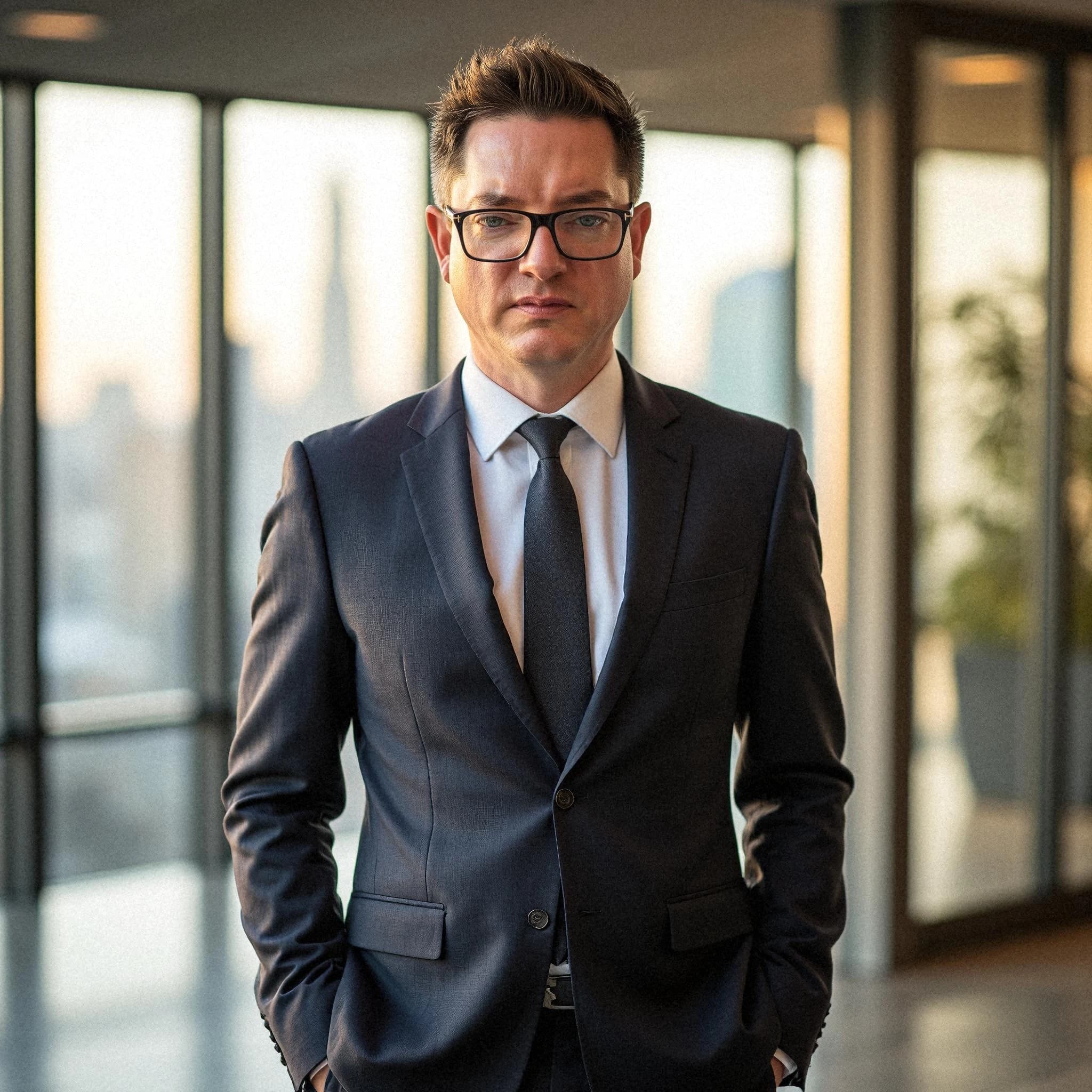 Professional headshot example: Man Office Suit Hands Pockets — LinkedInHeadshots.ai