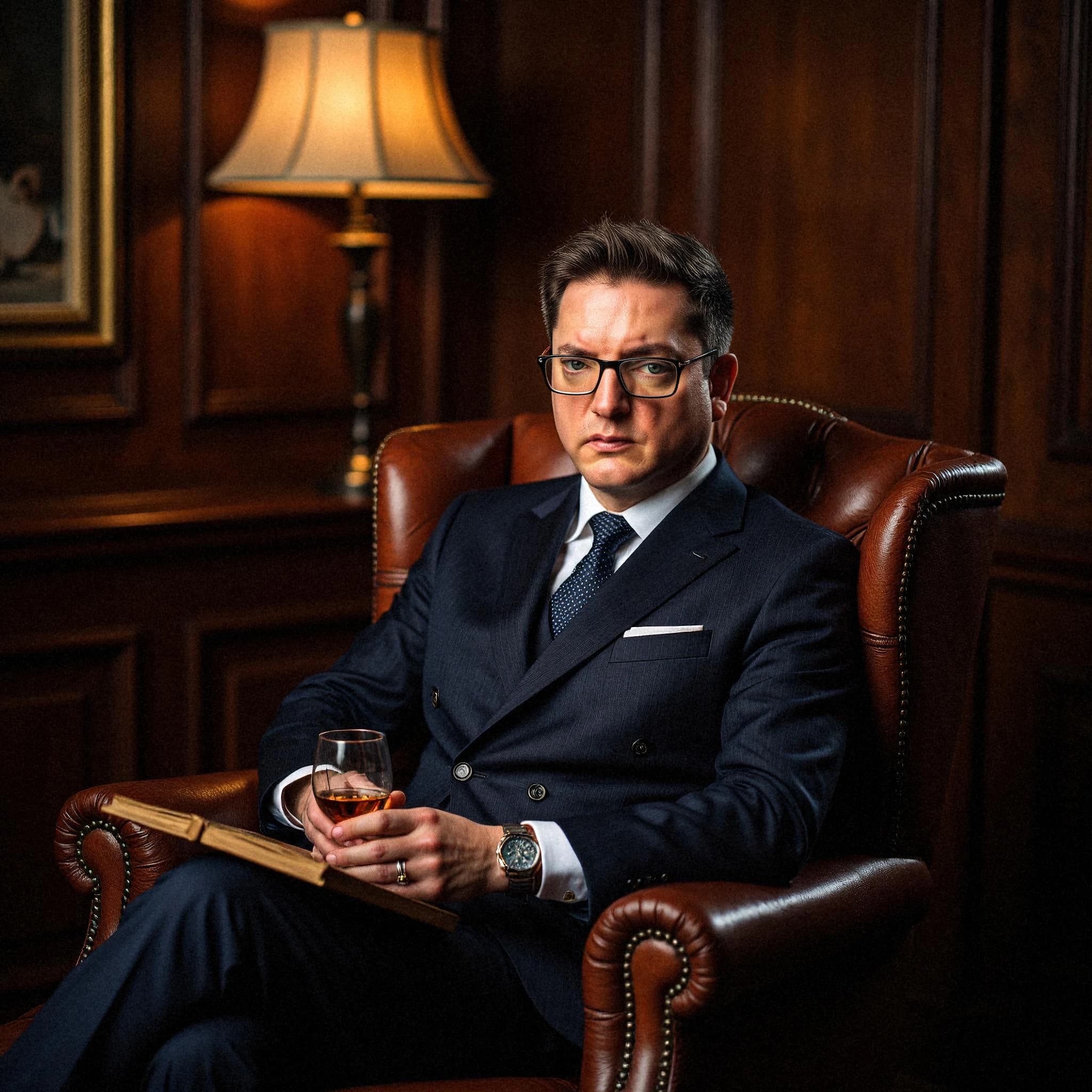 Professional headshot example: Man Office Suit Holding Glass — LinkedInHeadshots.ai