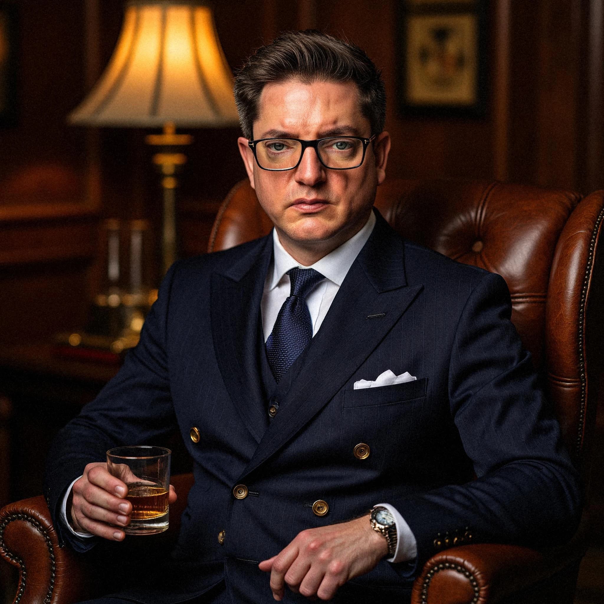 Professional headshot example: Man Office Suit Holding Whiskey — LinkedInHeadshots.ai