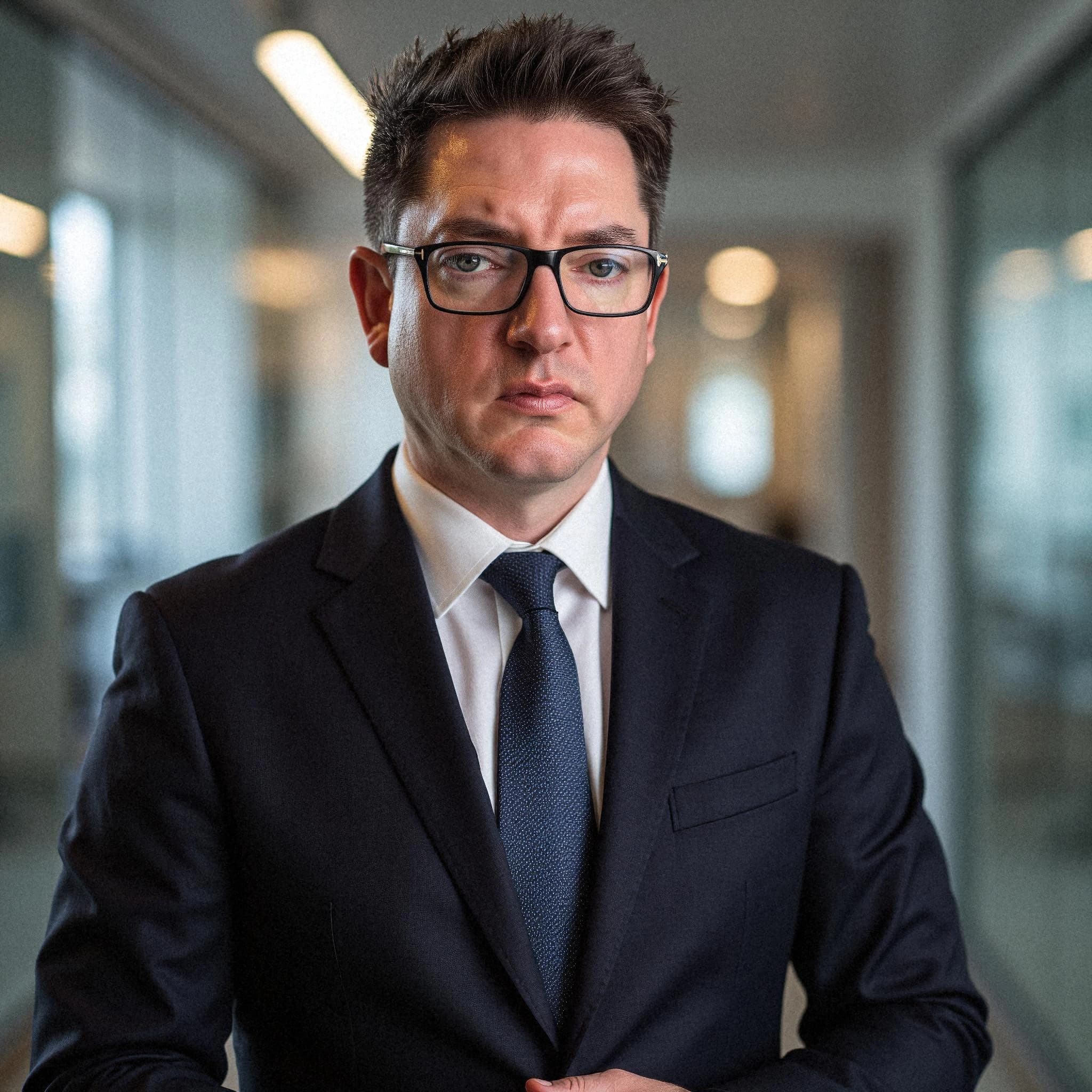 Professional headshot example: Man Office Suit Serious Expression — LinkedInHeadshots.ai