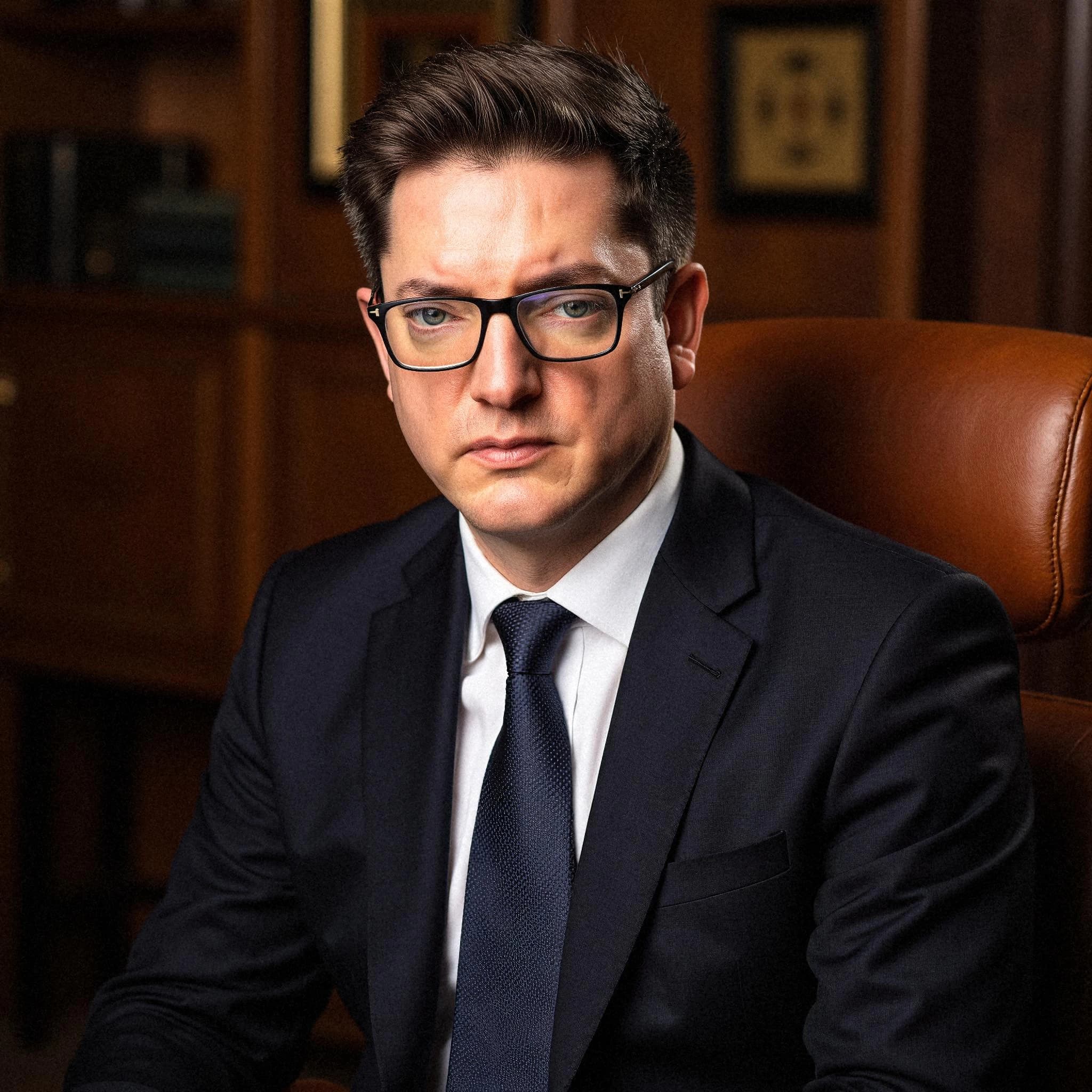 Professional headshot example: Man Office Suit Sitting — LinkedInHeadshots.ai