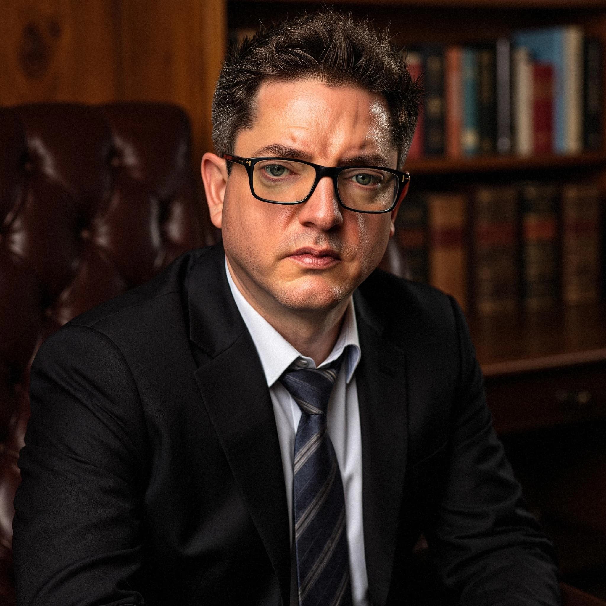 Professional headshot example: Man Office Suit Sitting Bookshelf — LinkedInHeadshots.ai