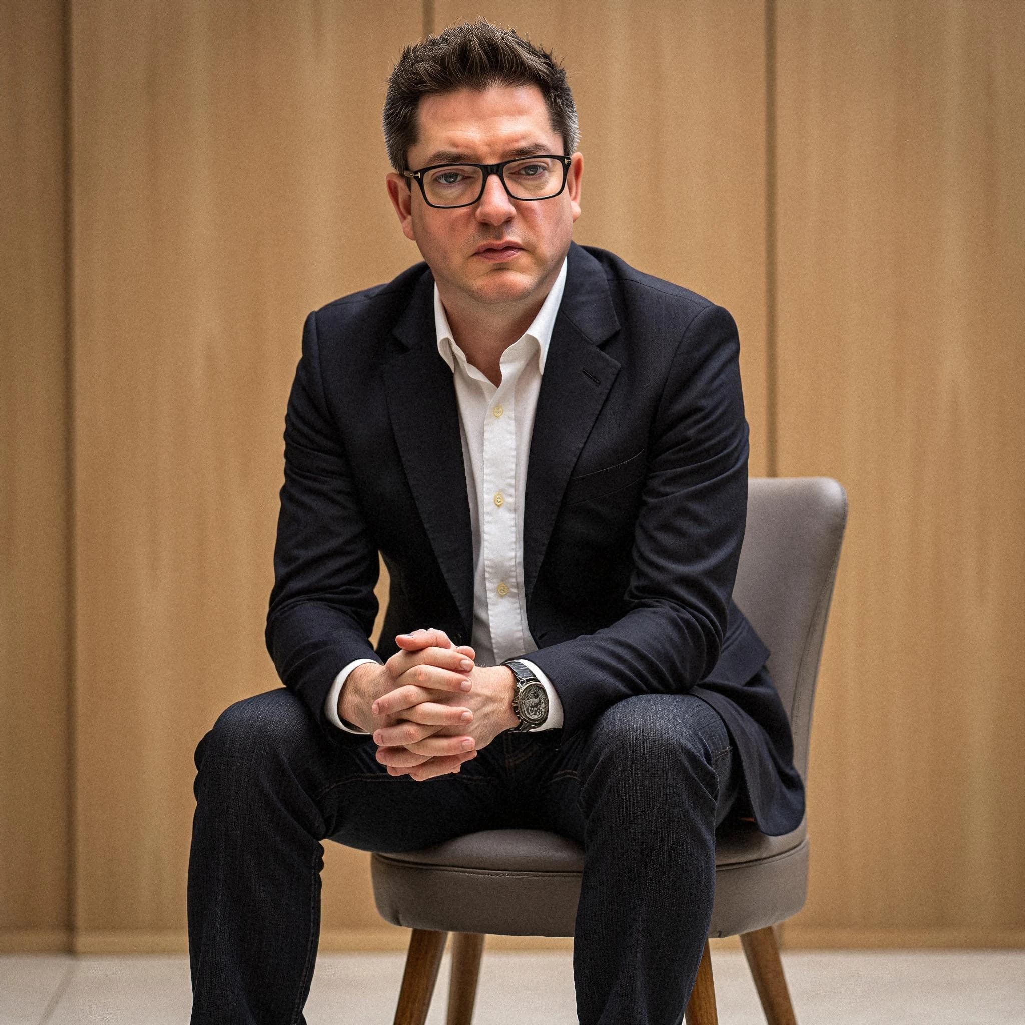 Professional headshot example: Man Office Suit Sitting Chair — LinkedInHeadshots.ai