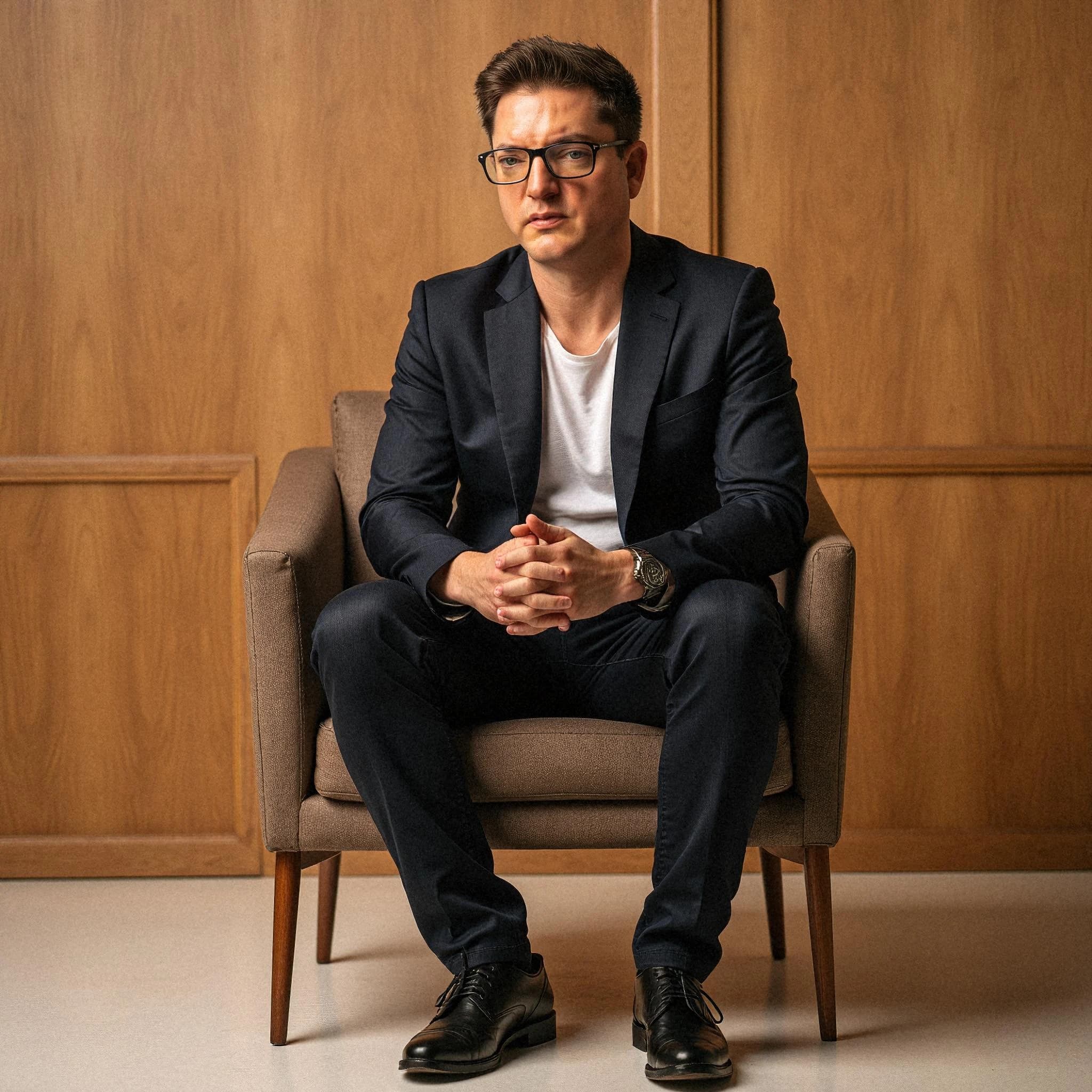 Professional headshot example: Man Office Suit Sitting Chair 2 — LinkedInHeadshots.ai