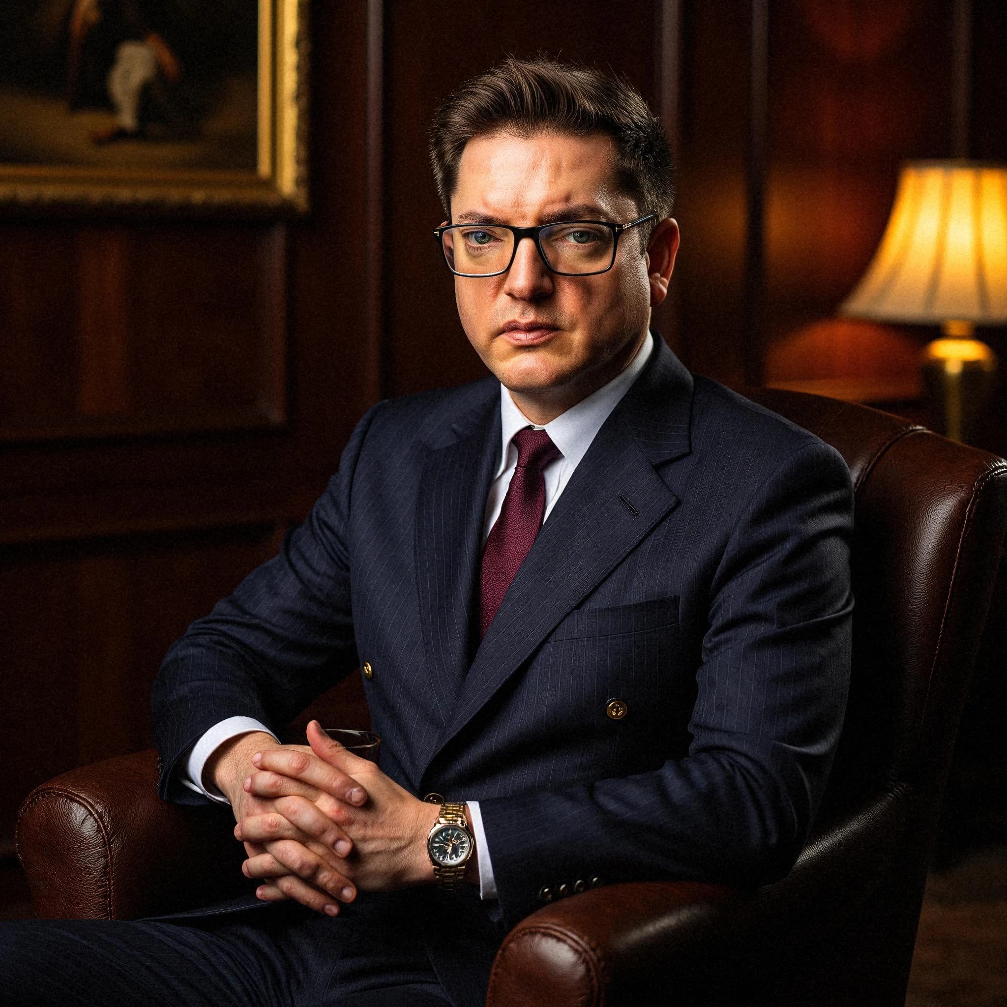 Professional headshot example: Man Office Suit Sitting Chair 4 — LinkedInHeadshots.ai