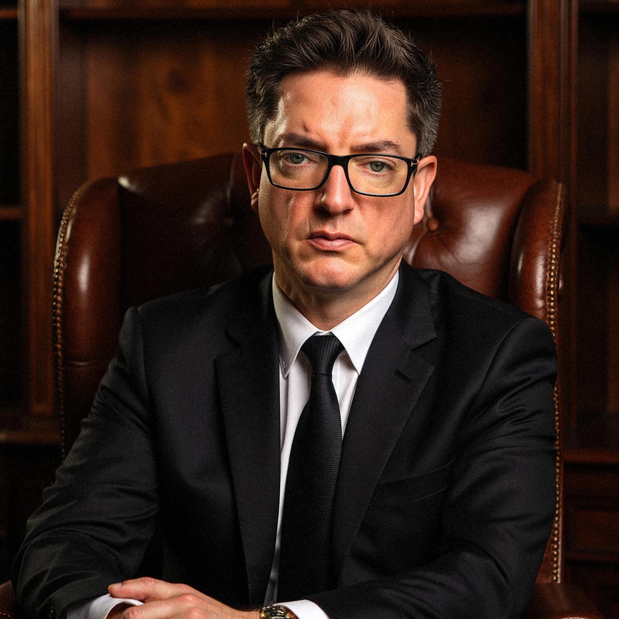 Professional headshot example: Man Office Suit Sitting Chair 5 — LinkedInHeadshots.ai