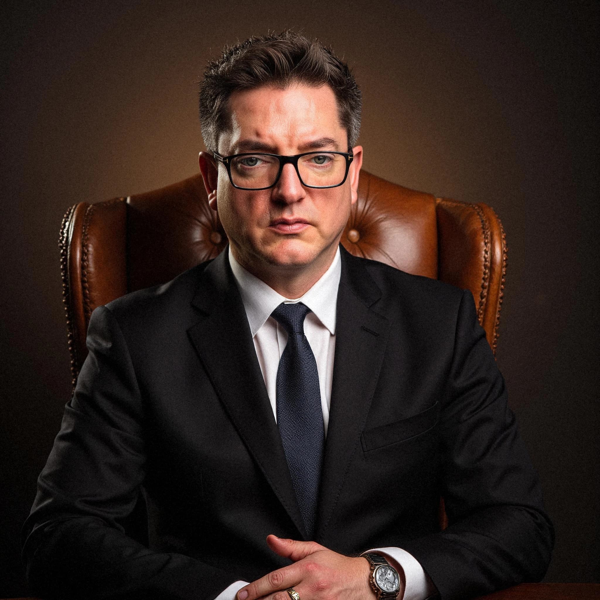 Professional headshot example: Man Office Suit Sitting Chair 6 — LinkedInHeadshots.ai