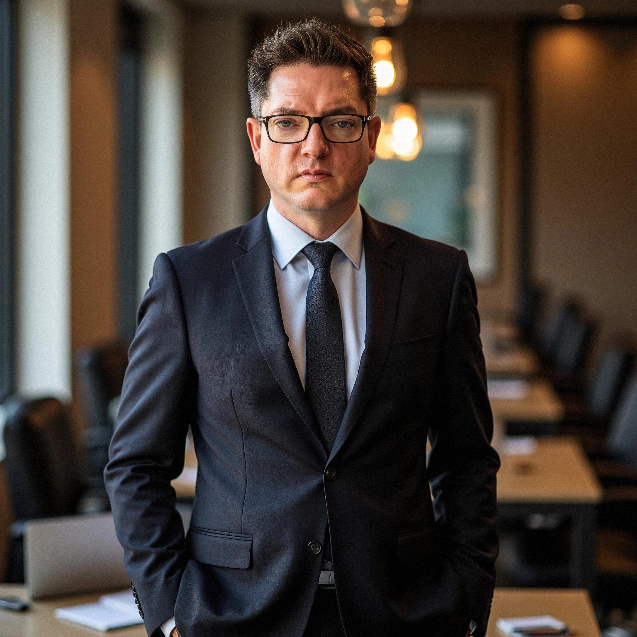 Professional headshot example: Man Office Suit Standing 3 — LinkedInHeadshots.ai