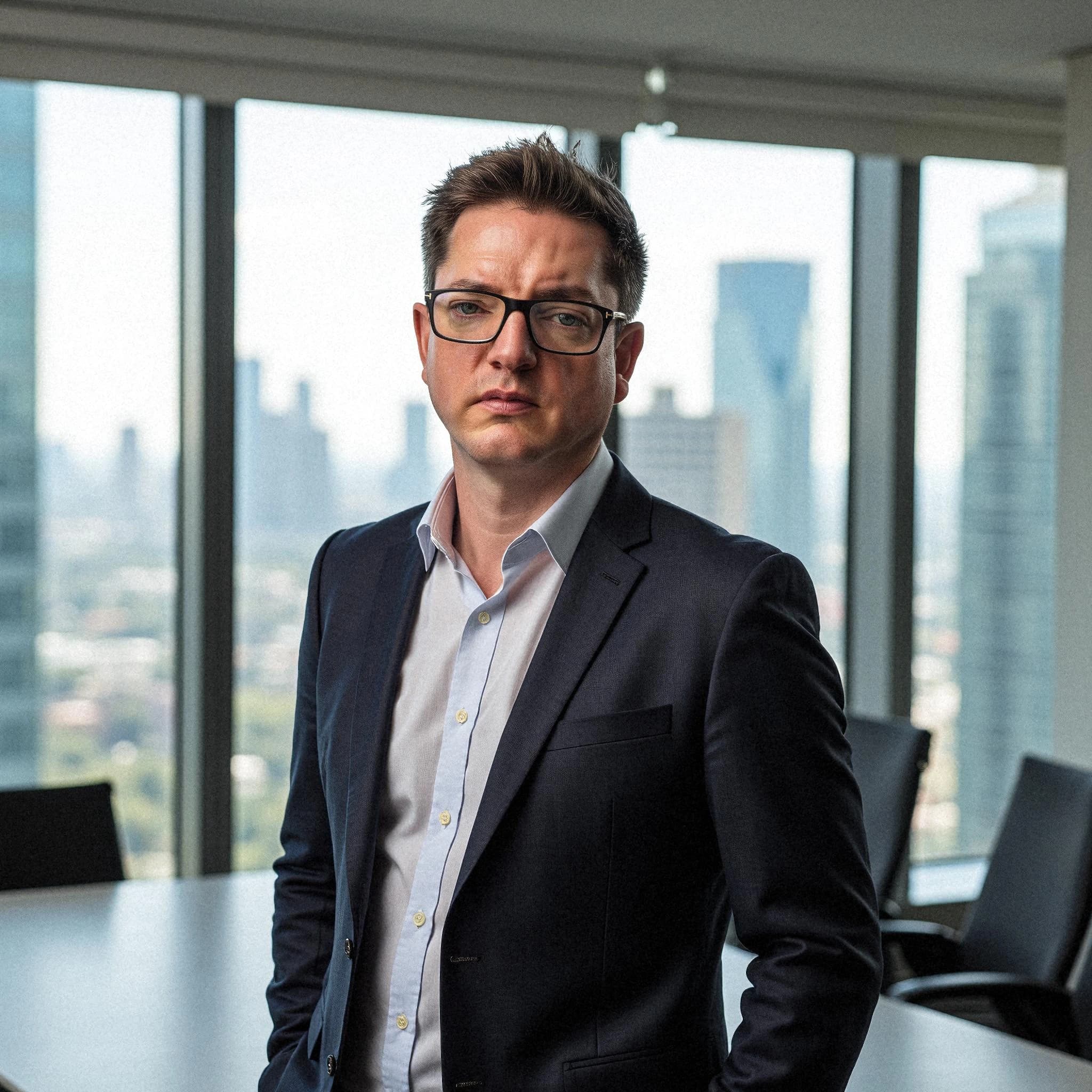 Professional headshot example: Man Office Suit Standing 5 — LinkedInHeadshots.ai