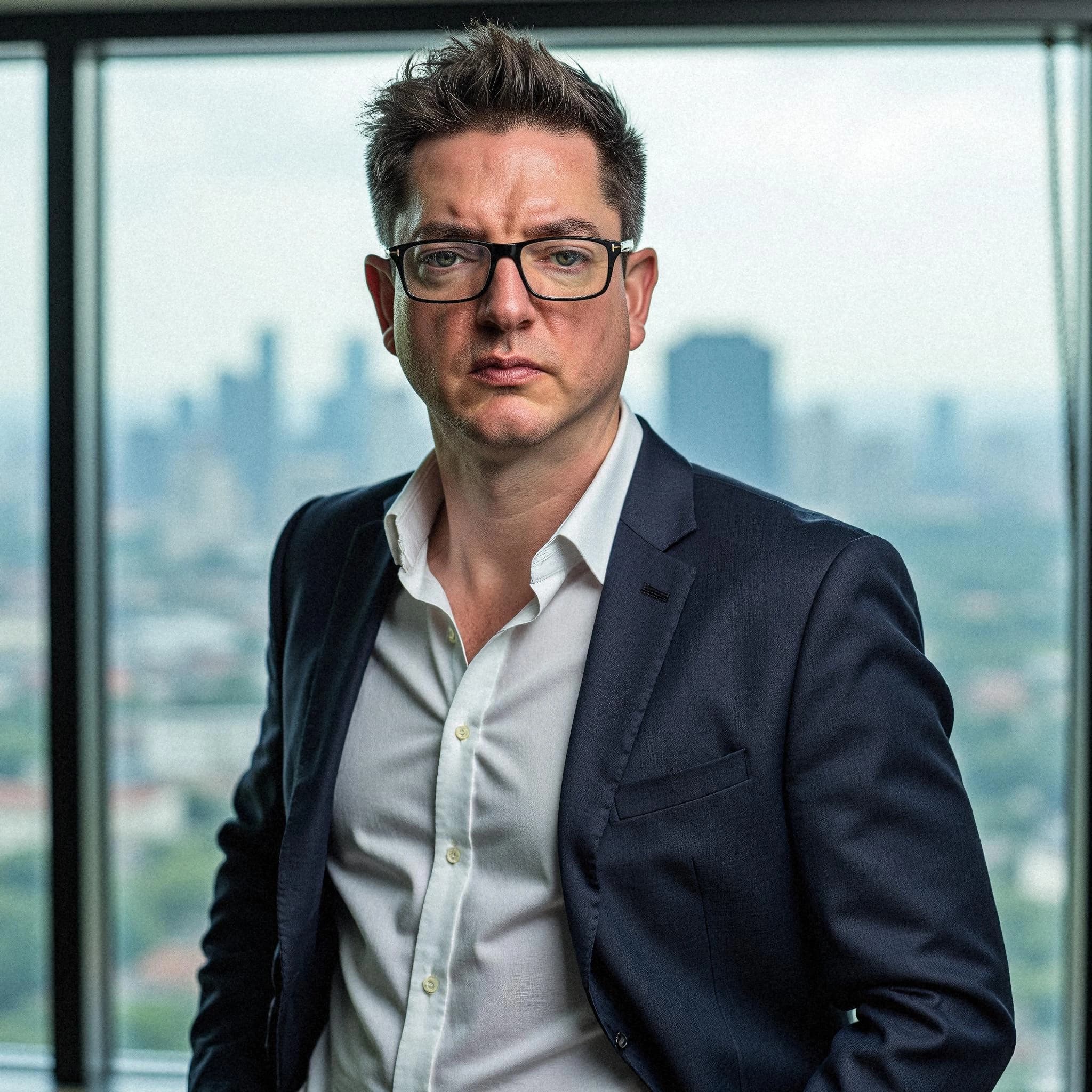 Professional headshot example: Man Office Suit Standing Glasses — LinkedInHeadshots.ai