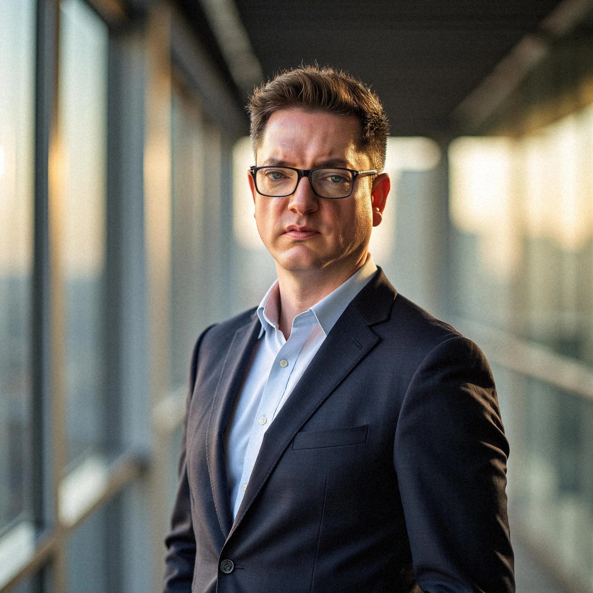 Professional headshot example: Man Office Suit Standing Serious — LinkedInHeadshots.ai