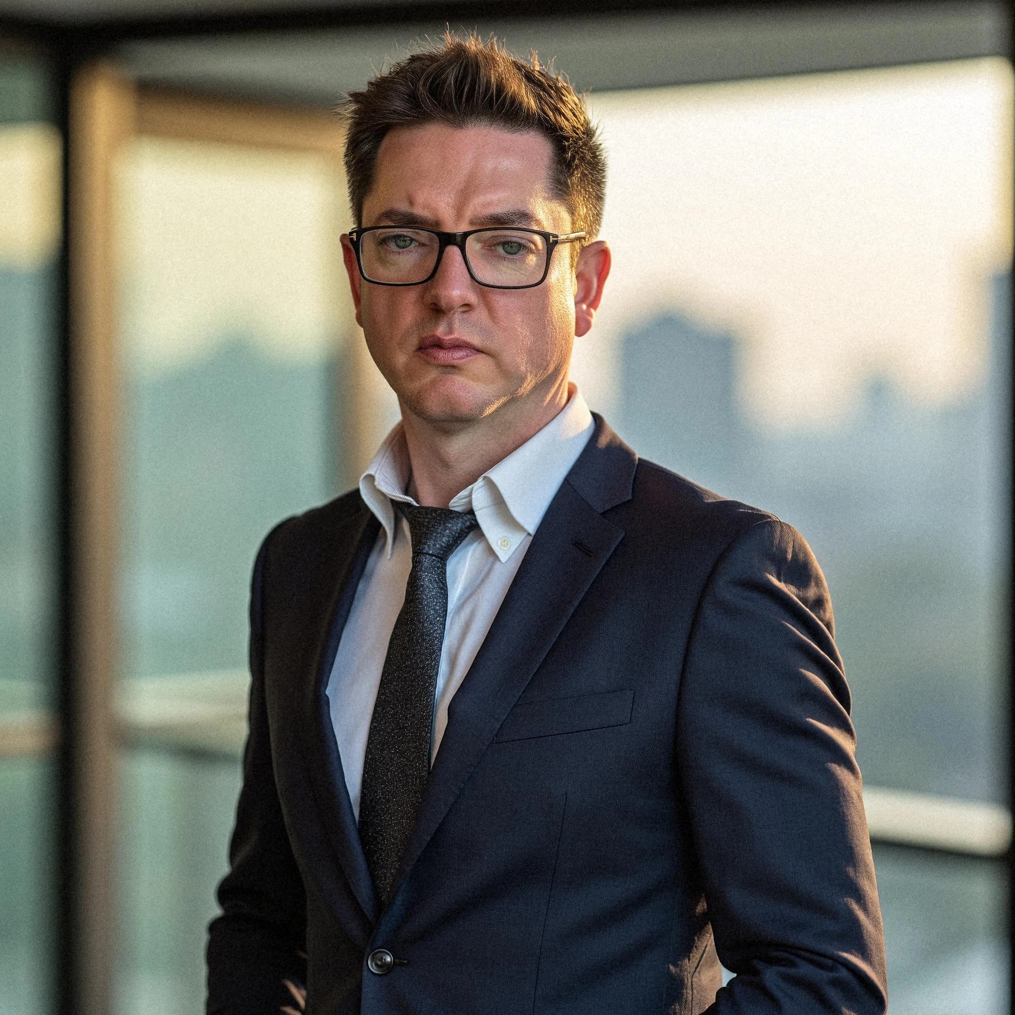 Professional headshot example: Man Office Suit Standing Serious 2 — LinkedInHeadshots.ai