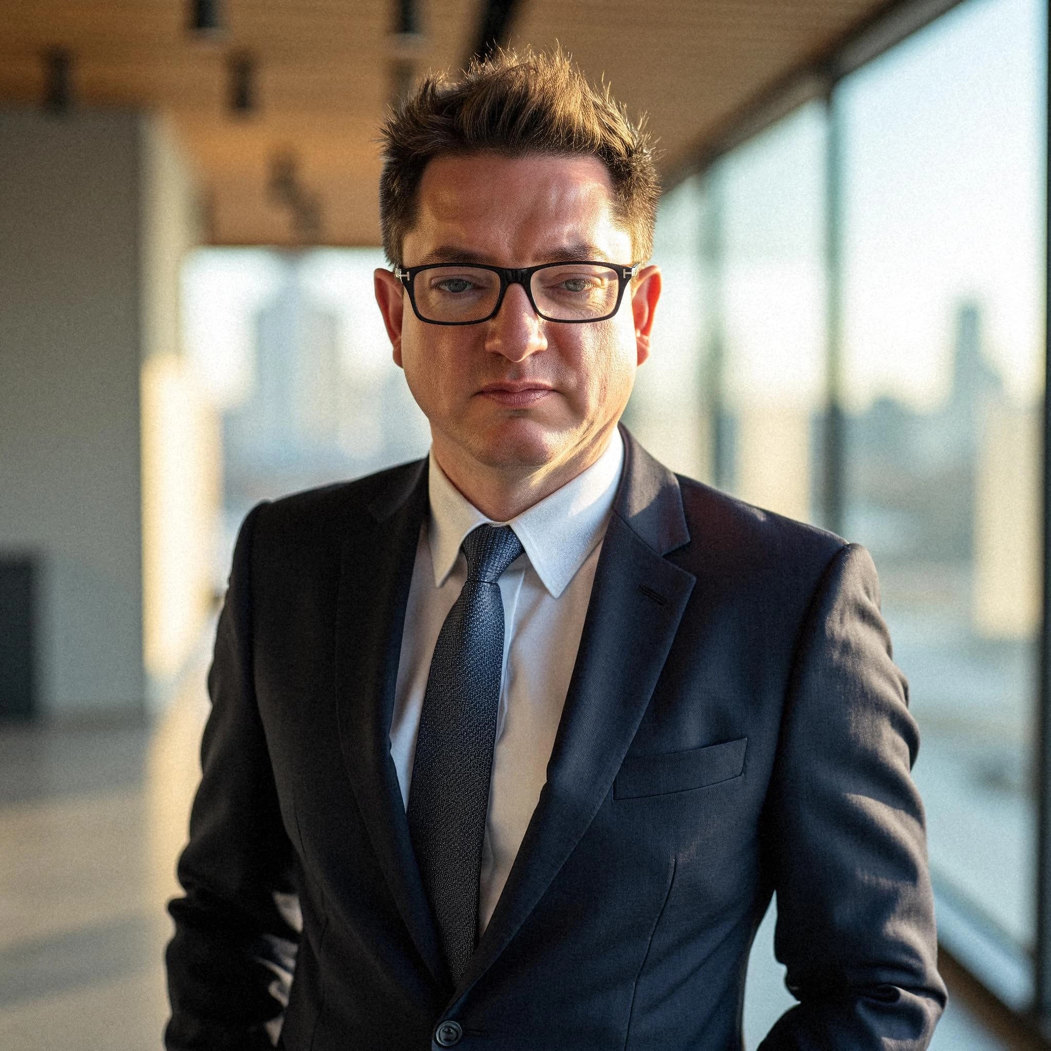 Professional headshot example: Man Office Suit Standing Sunlit — LinkedInHeadshots.ai