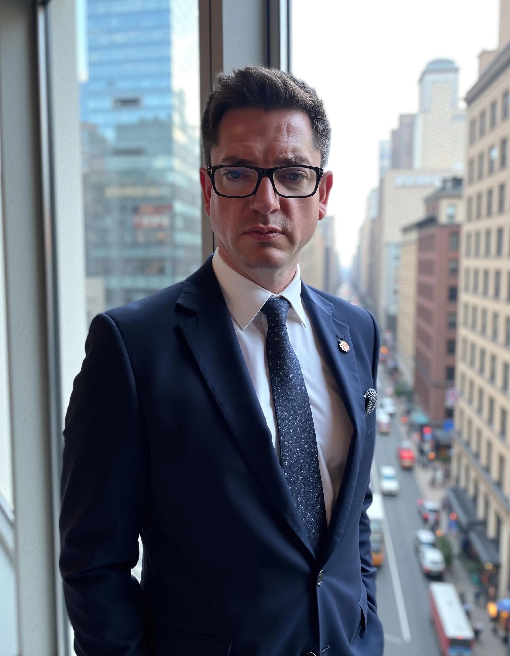 Professional headshot example: Man Office Suit Standing Window — LinkedInHeadshots.ai