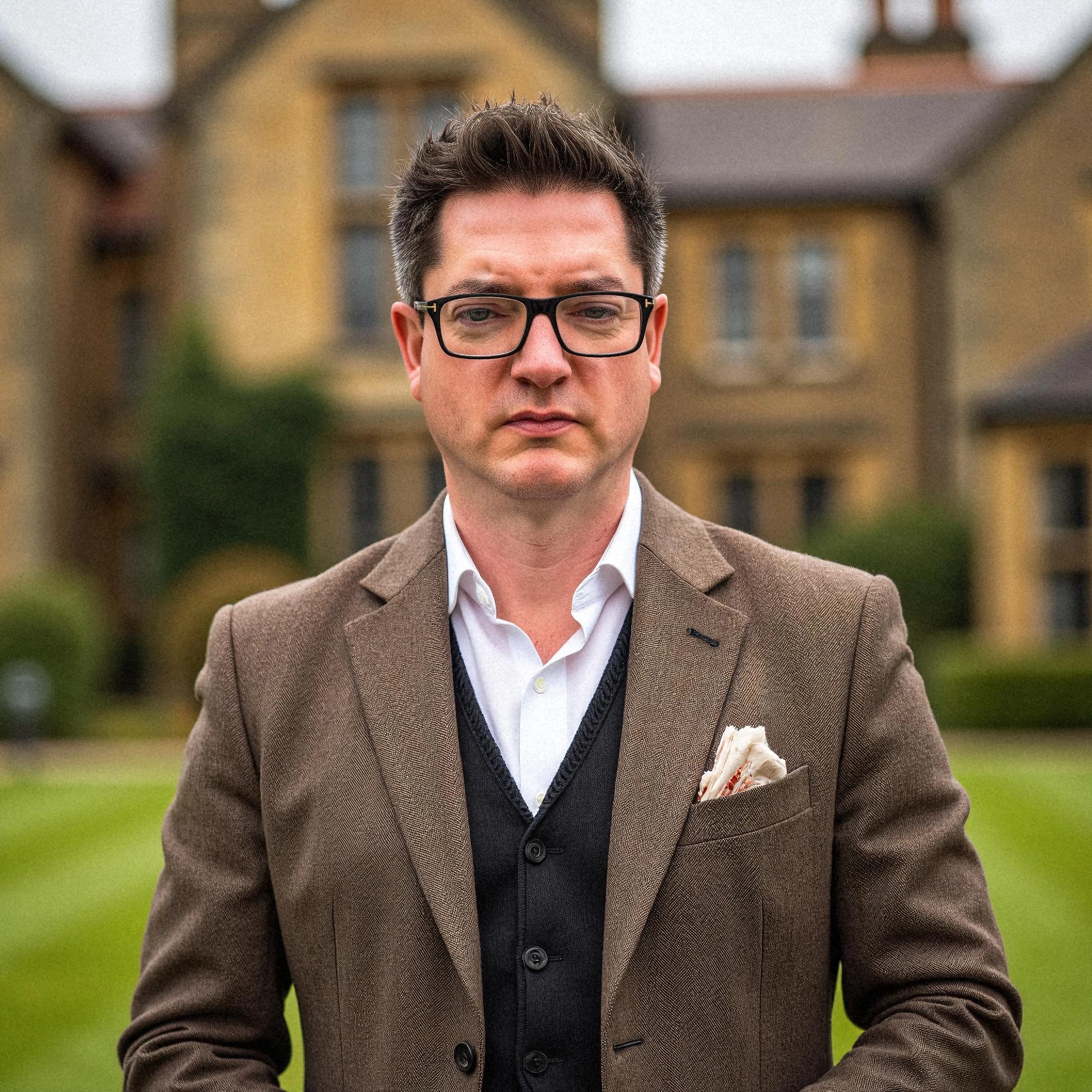 Professional headshot example: Man Outdoors Brown Suit Standing 2 — LinkedInHeadshots.ai