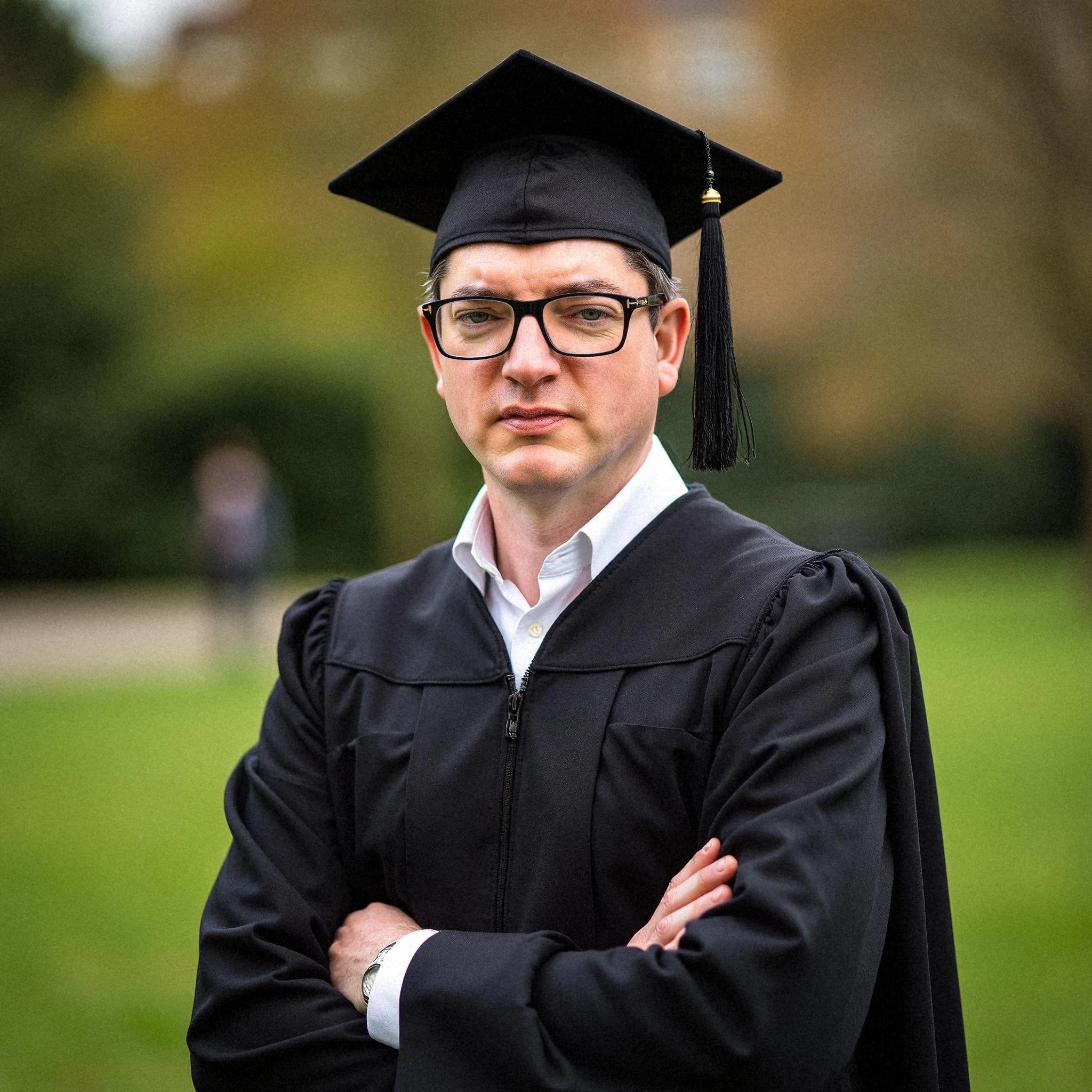 Professional headshot example: Man Outdoors Graduation Gown Crossed Arms — LinkedInHeadshots.ai