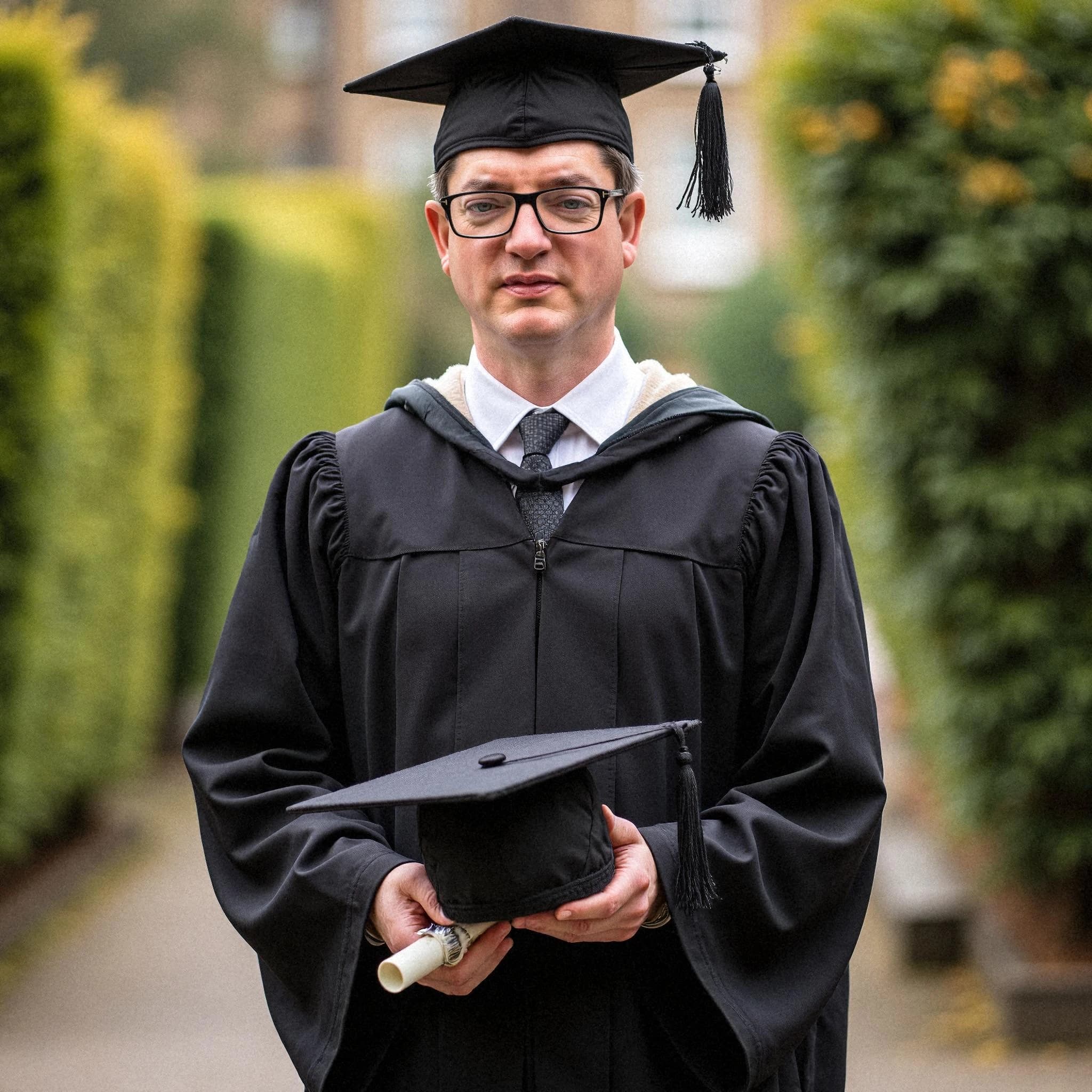 Professional headshot example: Man Outdoors Graduation Gown Holding Cap — LinkedInHeadshots.ai