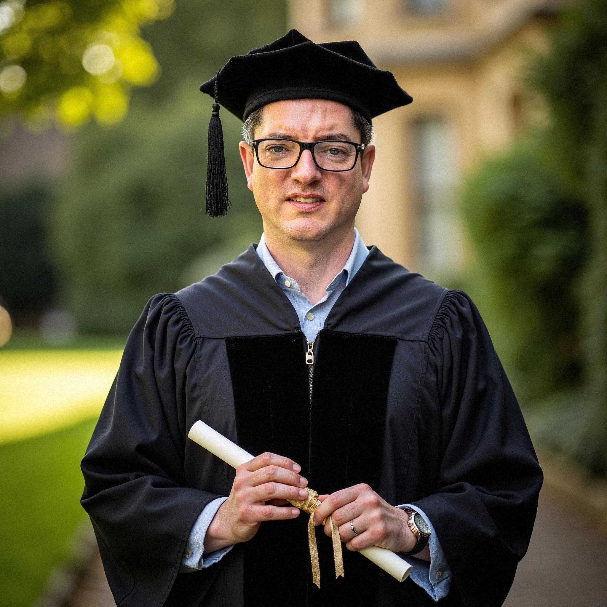 Professional headshot example: Man Outdoors Graduation Gown Holding Diploma — LinkedInHeadshots.ai