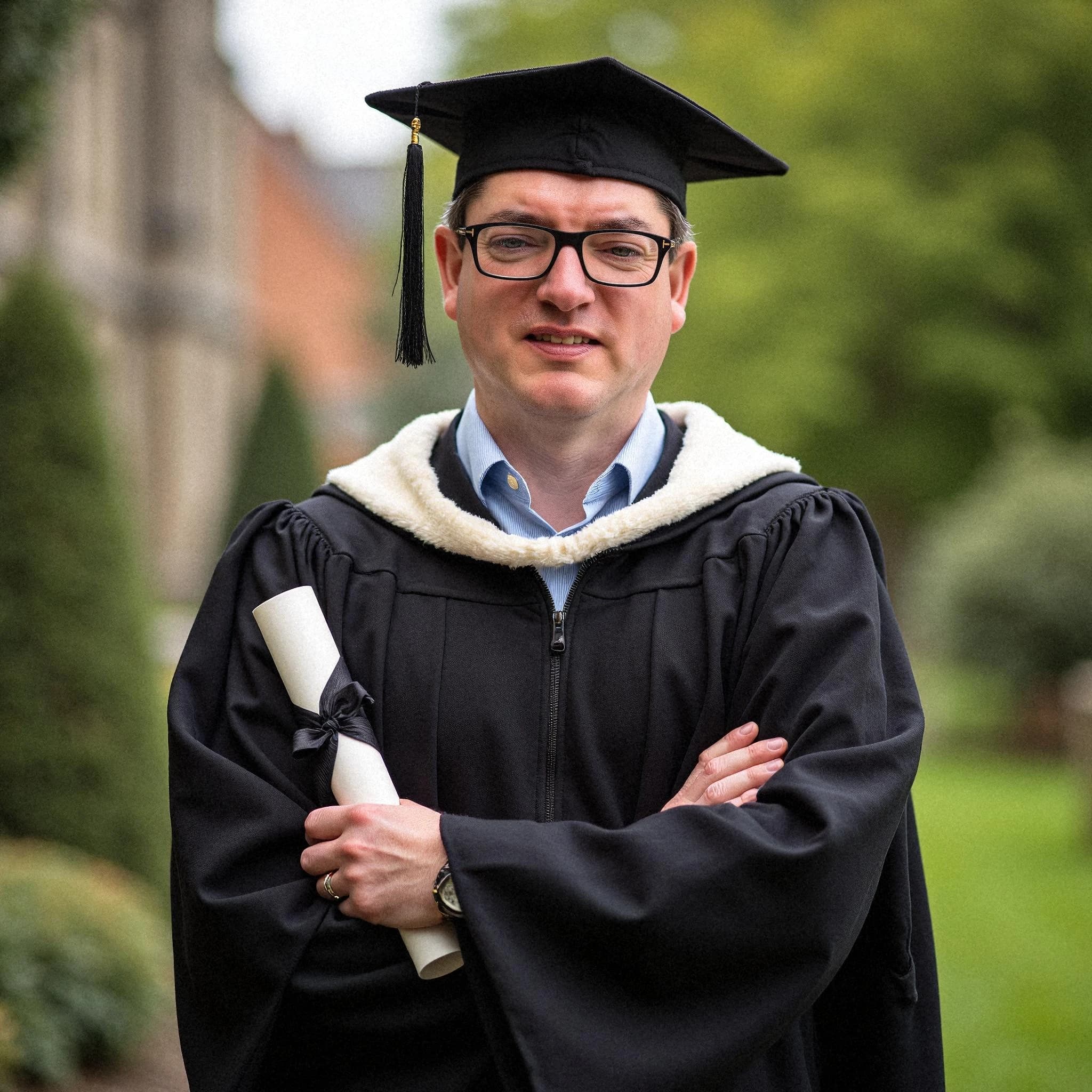 Professional headshot example: Man Outdoors Graduation Gown Holding Diploma 2 — LinkedInHeadshots.ai