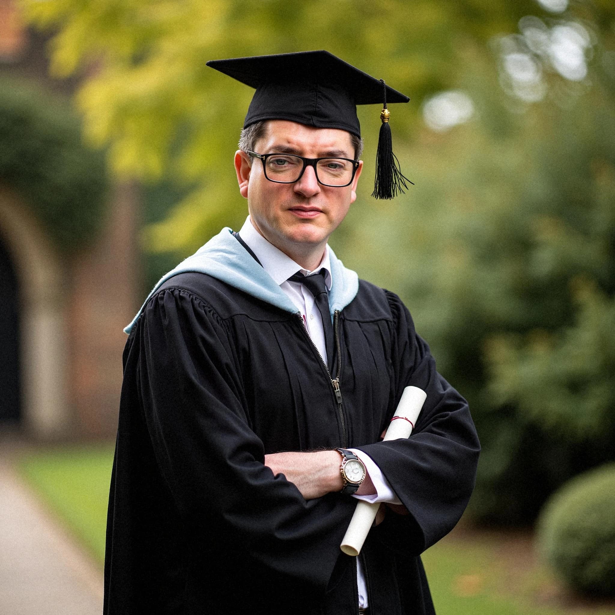 Professional headshot example: Man Outdoors Graduation Gown Holding Diploma 4 — LinkedInHeadshots.ai