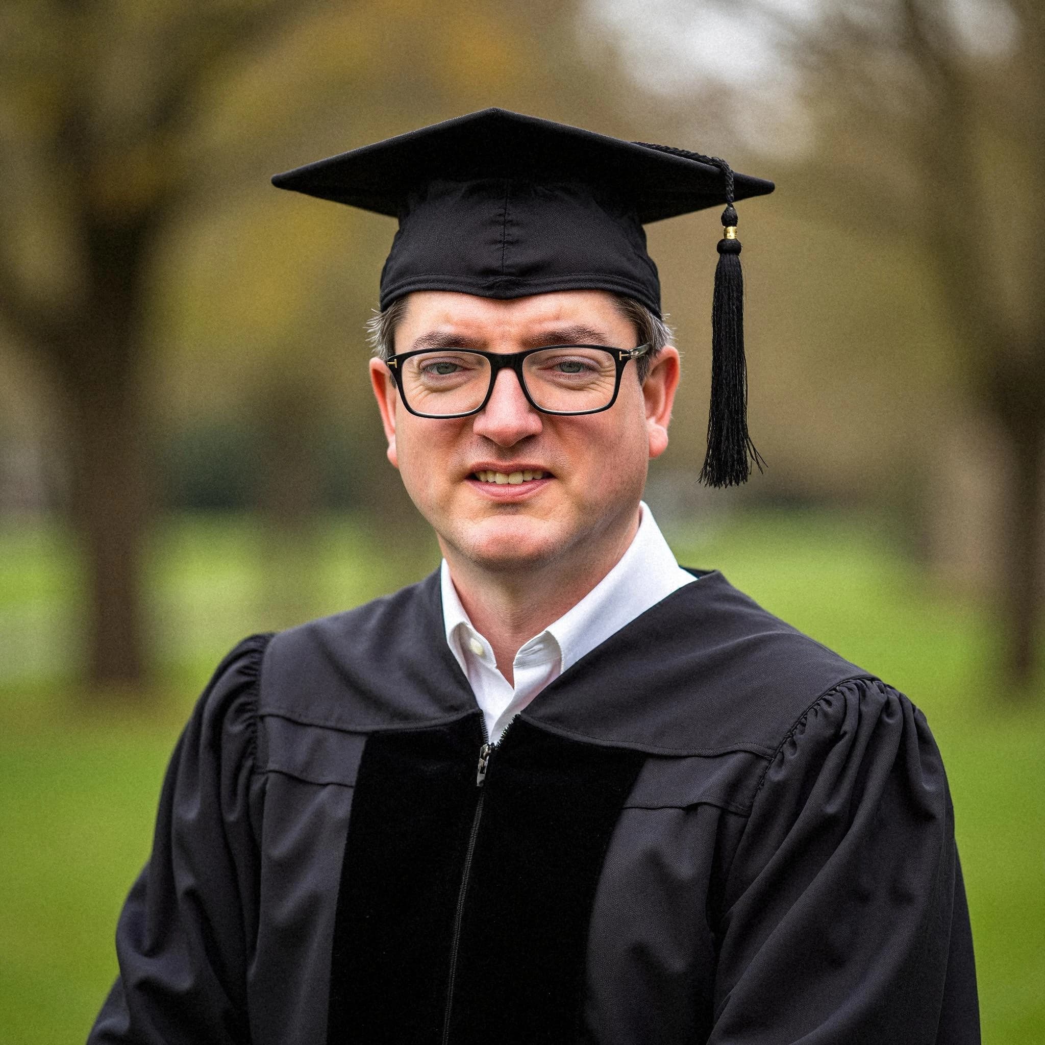 Professional headshot example: Man Outdoors Graduation Gown Smiling — LinkedInHeadshots.ai
