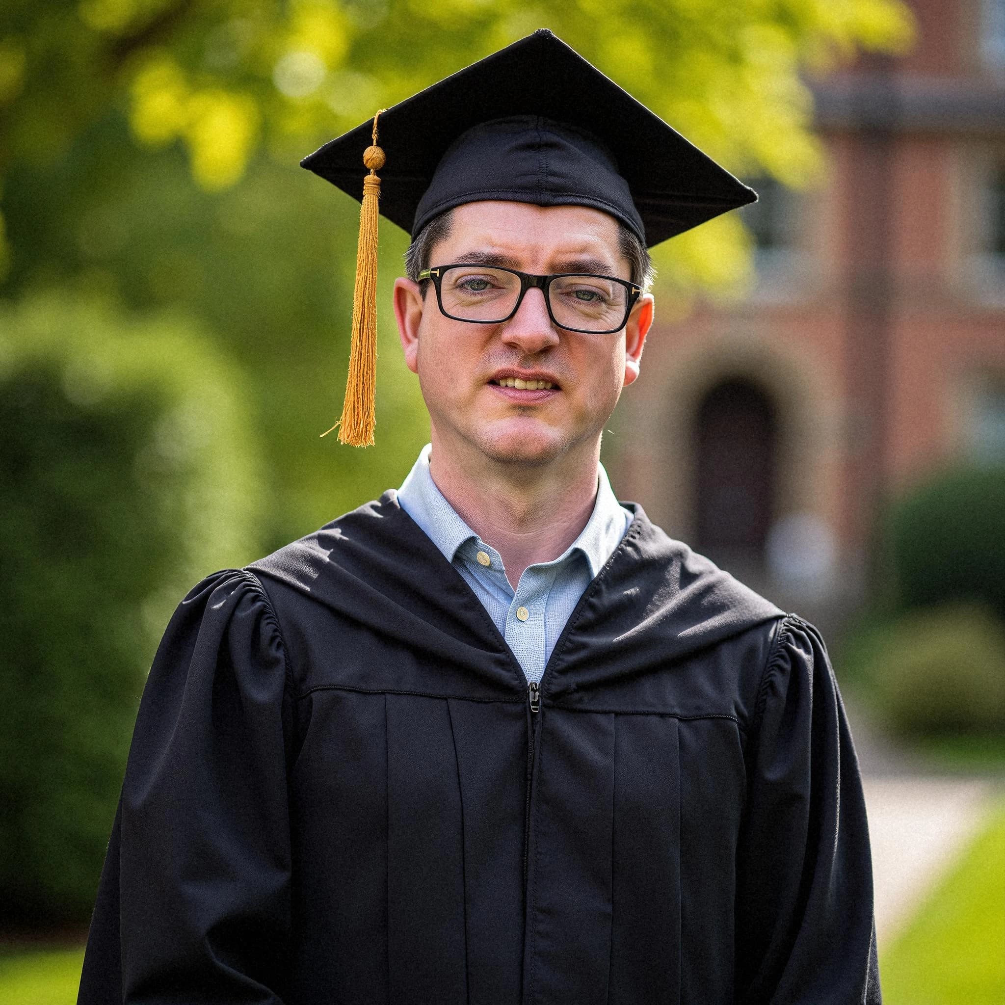 Professional headshot example: Man Outdoors Graduation Gown Smiling 2 — LinkedInHeadshots.ai